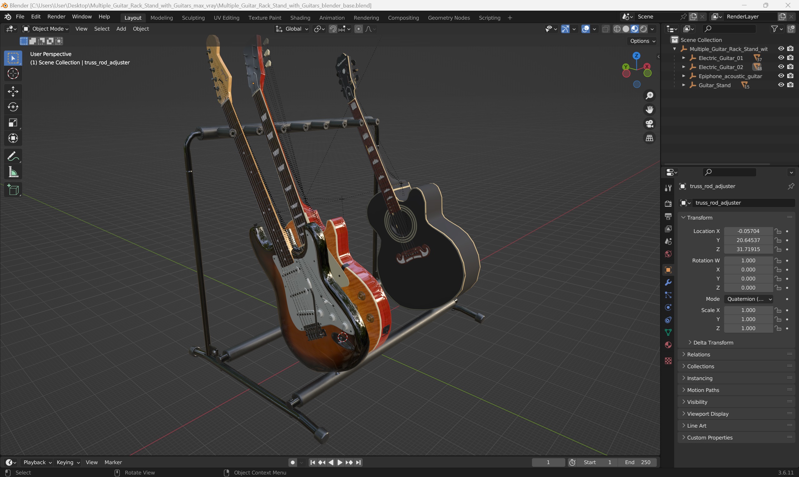 Multiple Guitar Rack Stand with Guitars 3D model