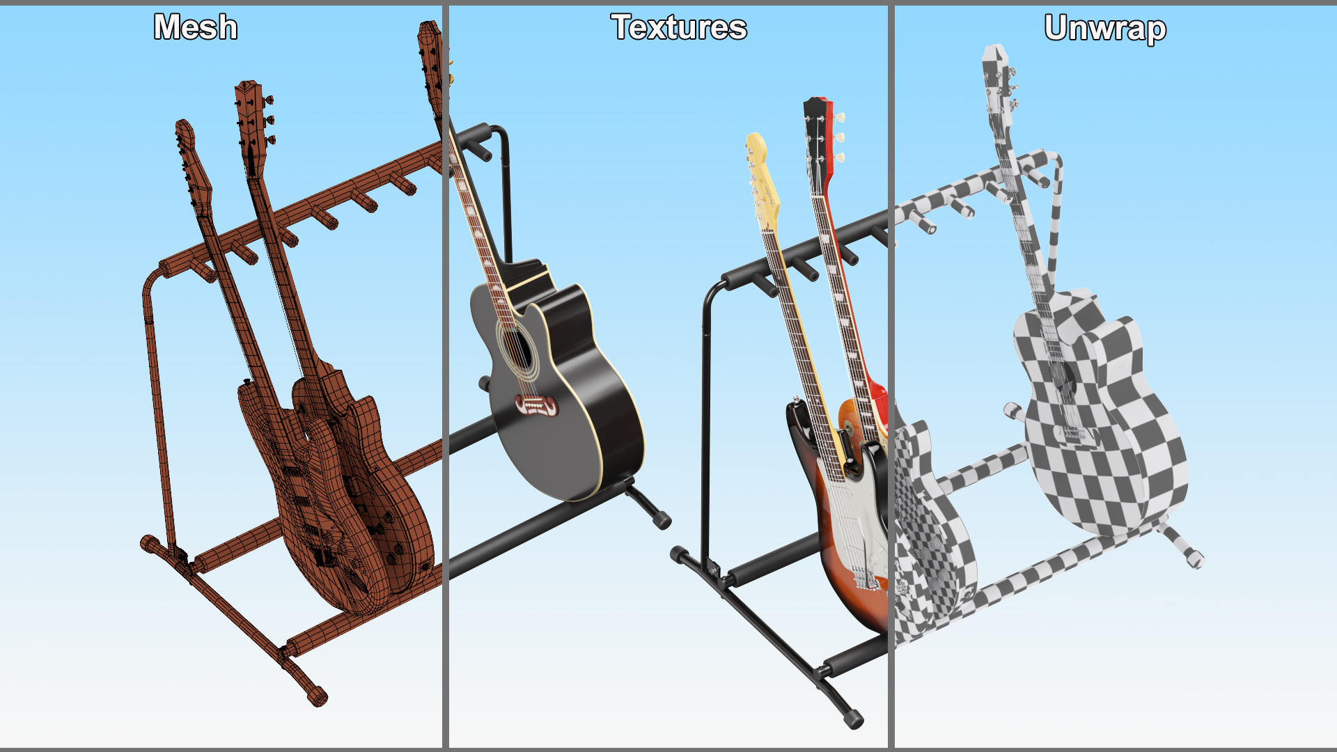 Multiple Guitar Rack Stand with Guitars 3D model