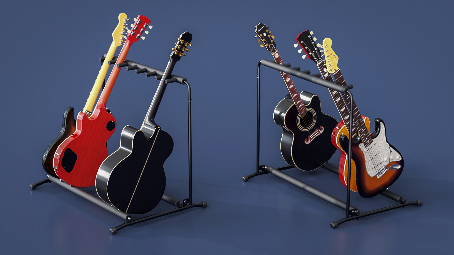 Multiple Guitar Rack Stand with Guitars 3D model