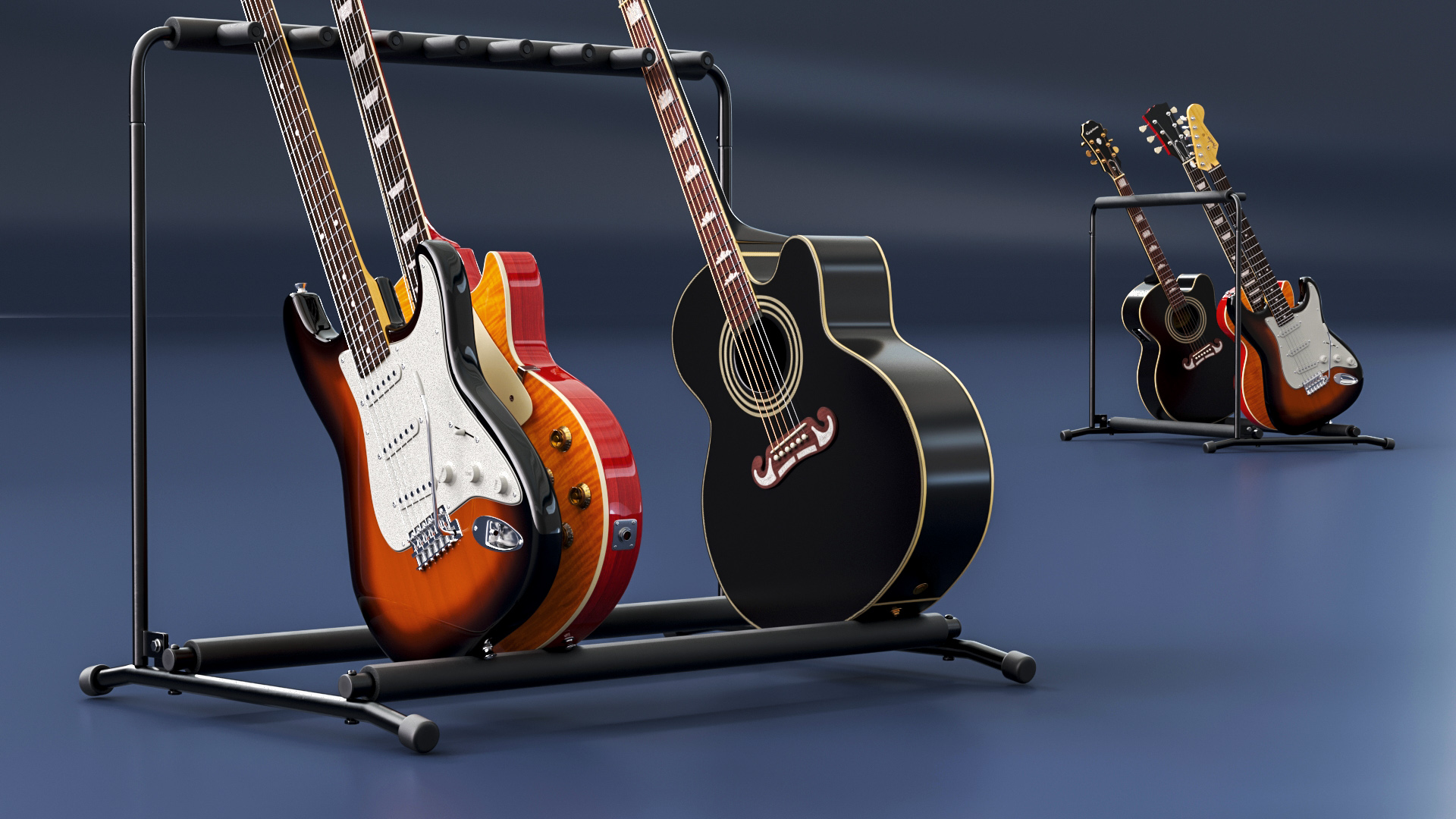 Multiple Guitar Rack Stand with Guitars 3D model