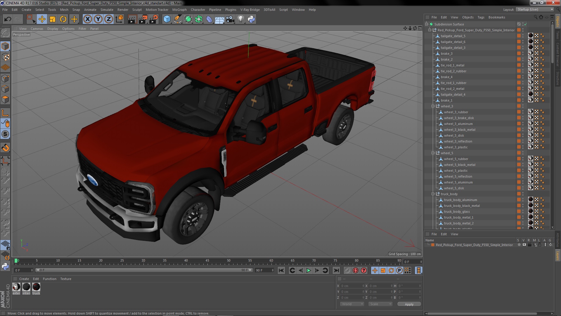 Red Pickup Ford Super Duty F550 Simple Interior 3D