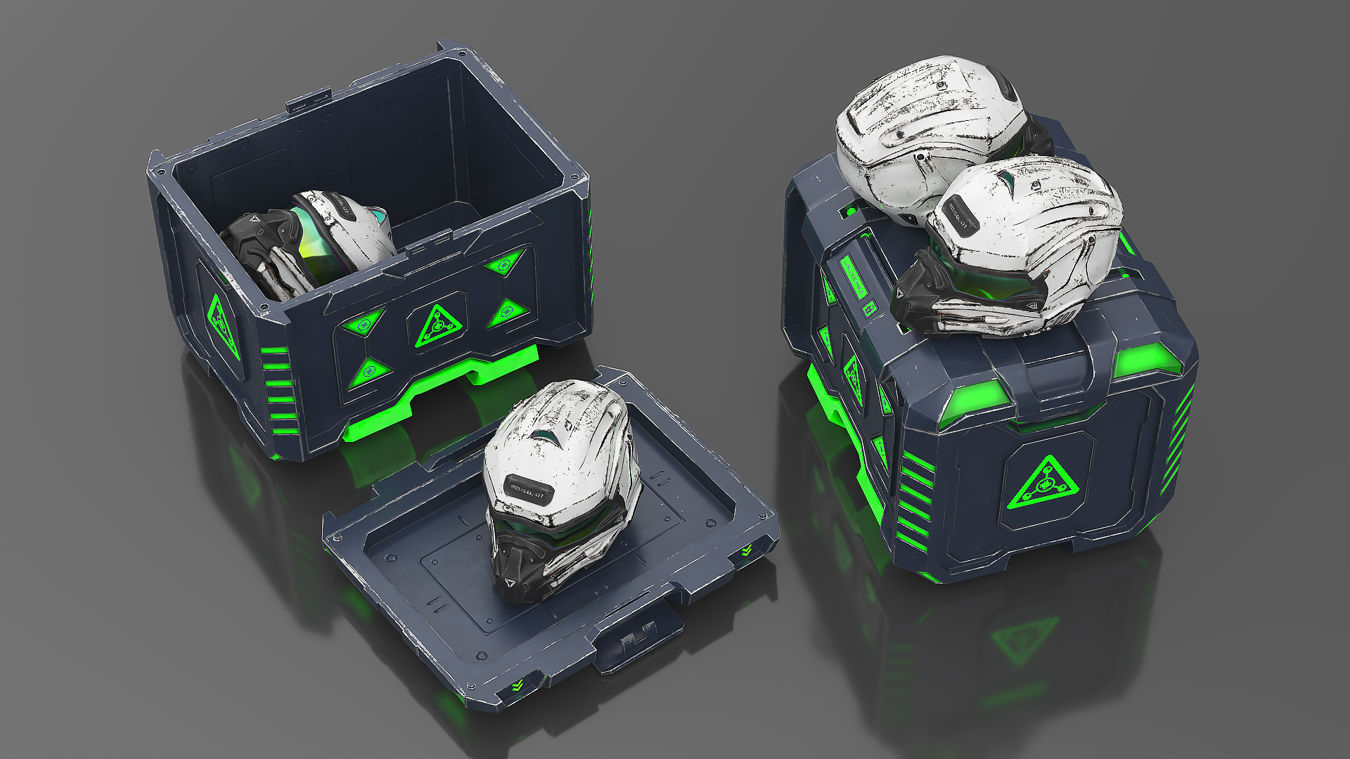 3D model Futuristic Container with Combat Helmets