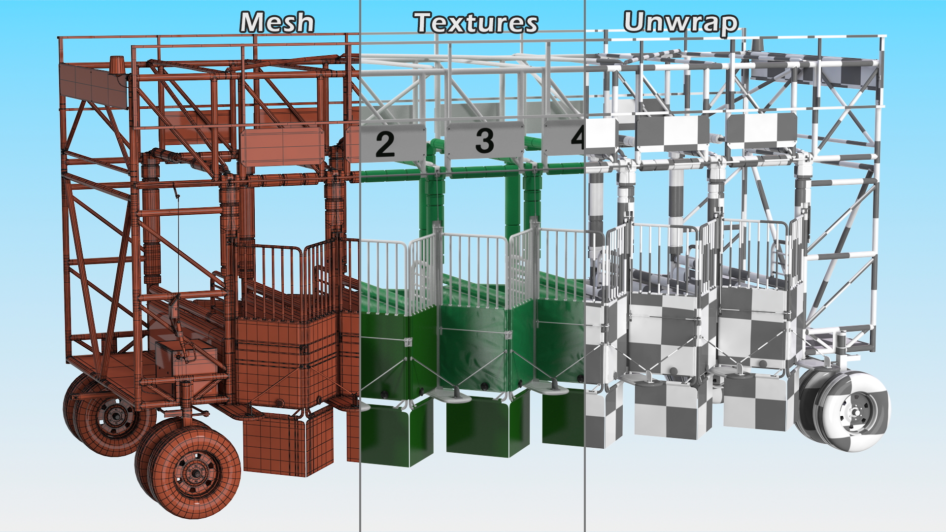 6 Horse Starting Stalls Rigged for Maya 3D model