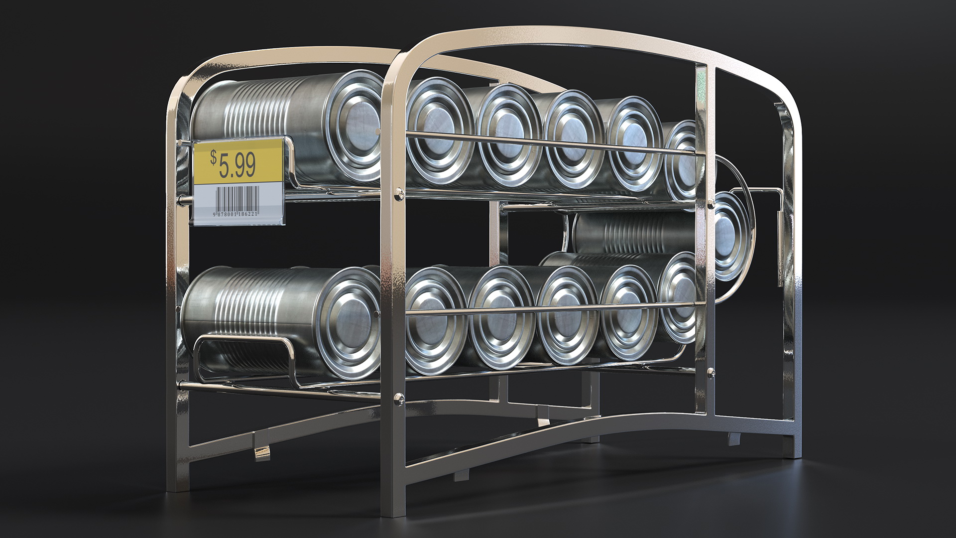 Tin Can Dispenser with Tin Cans and Price Label 3D