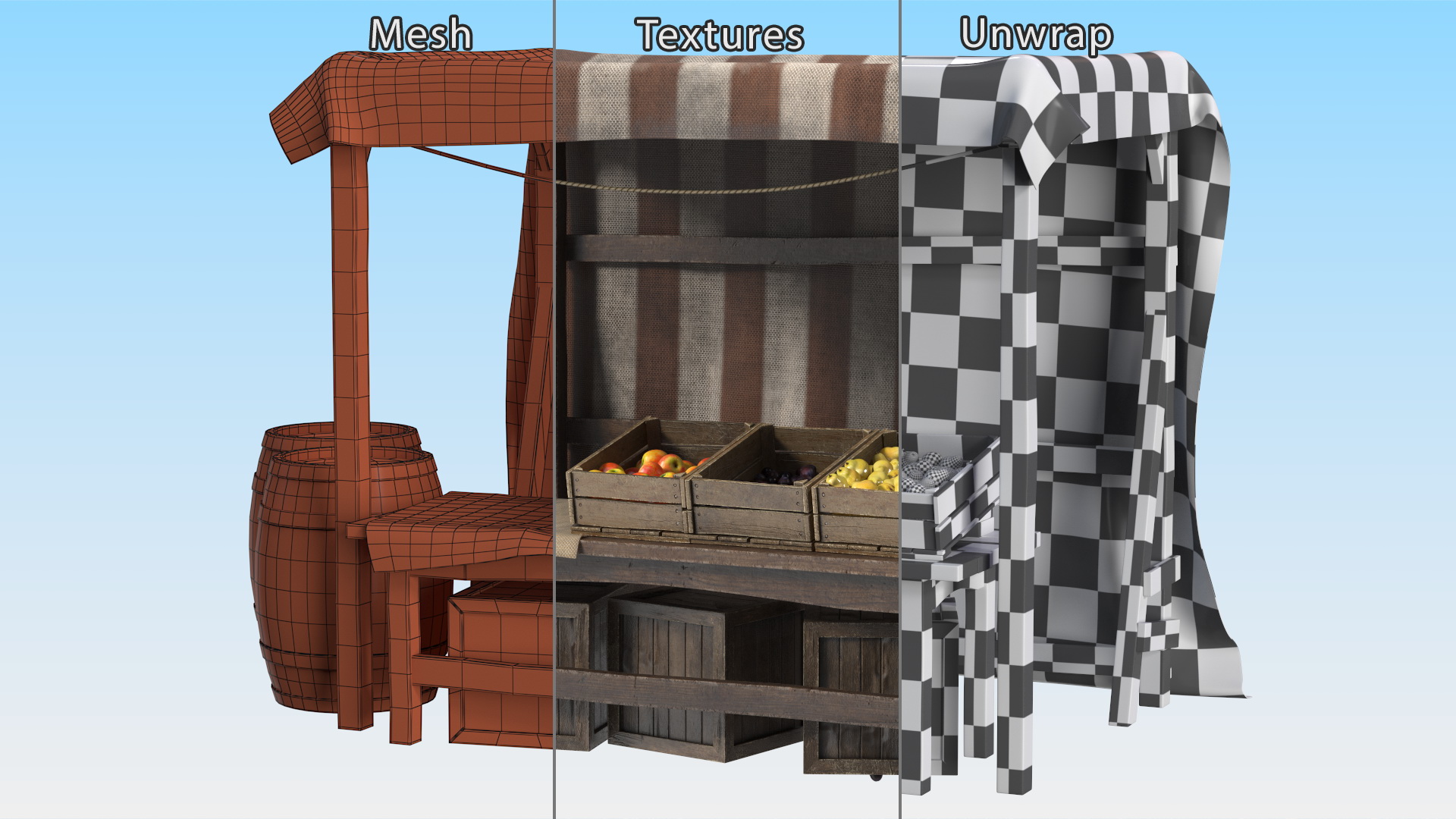 3D Medieval Food Market Stall with Striped Awning