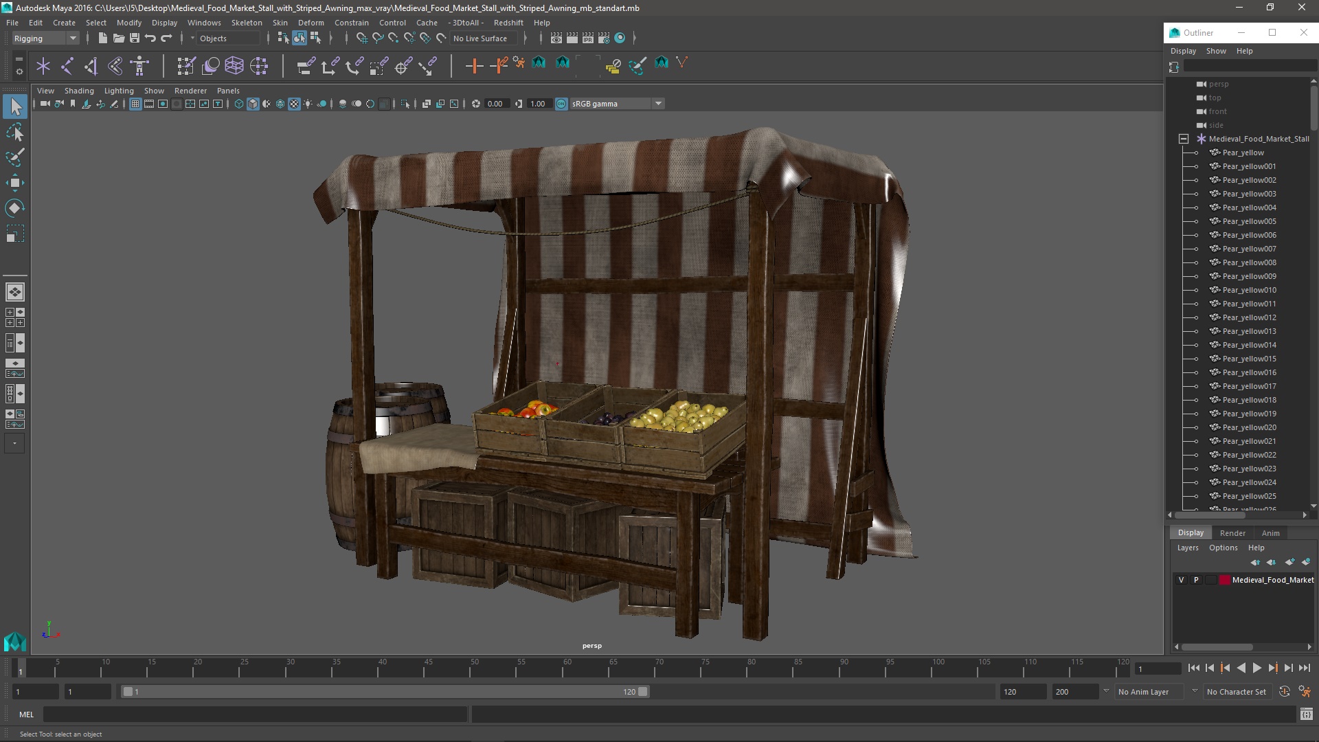 3D Medieval Food Market Stall with Striped Awning