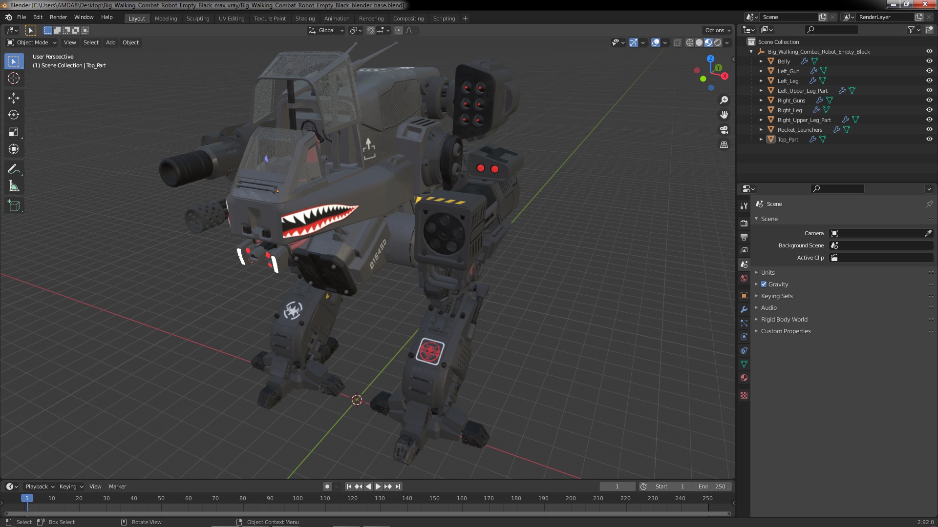 3D Big Walking Combat Robot Empty Black