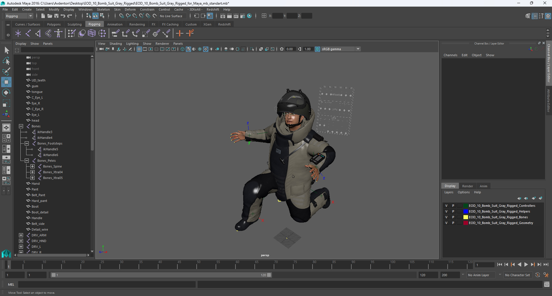 EOD 10 Bomb Suit Gray Rigged for Maya 3D