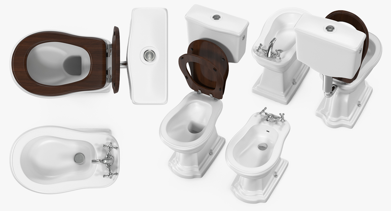 Old Style High Level Toilet and Bidet 3D