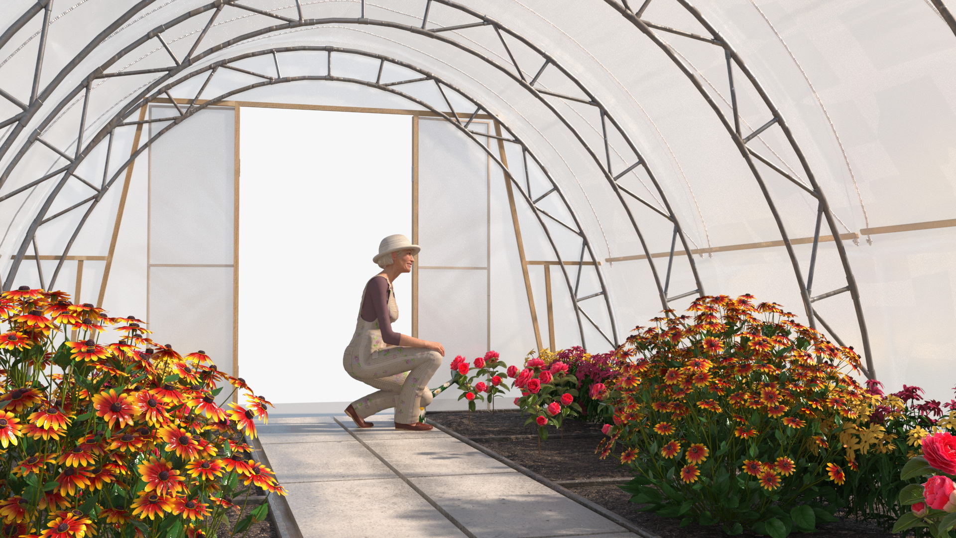 Flowers Greenhouse Tent with Gardener 3D