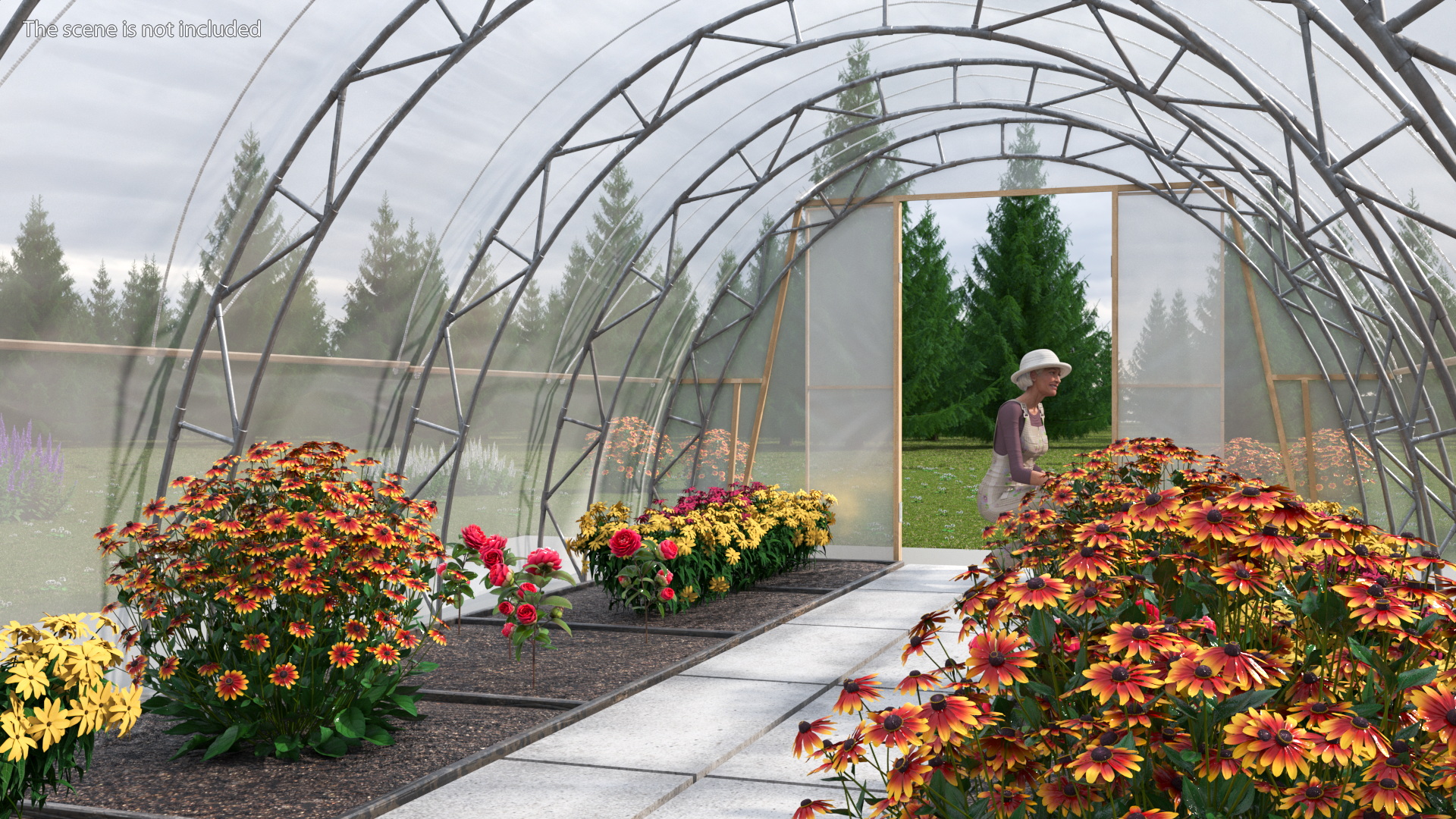 Flowers Greenhouse Tent with Gardener 3D