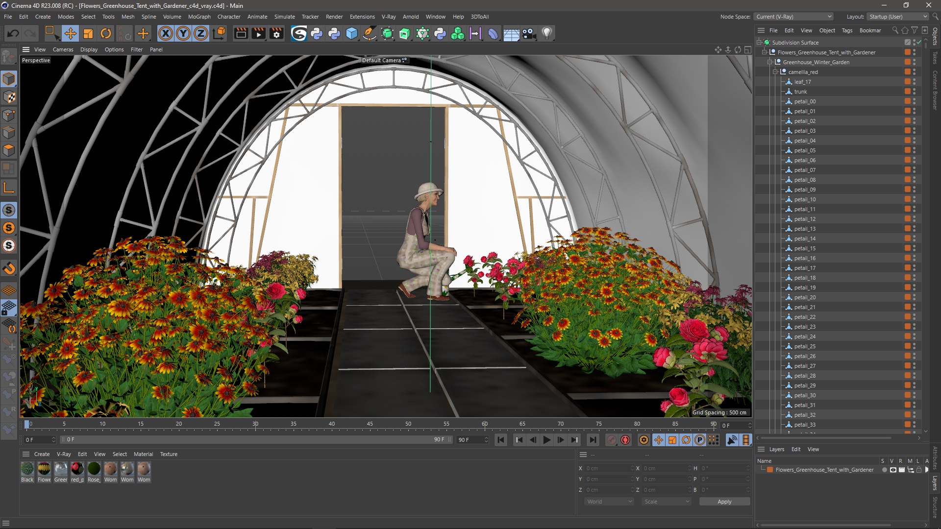 Flowers Greenhouse Tent with Gardener 3D