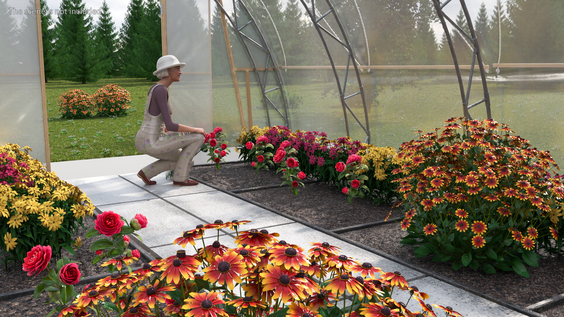 Flowers Greenhouse Tent with Gardener 3D