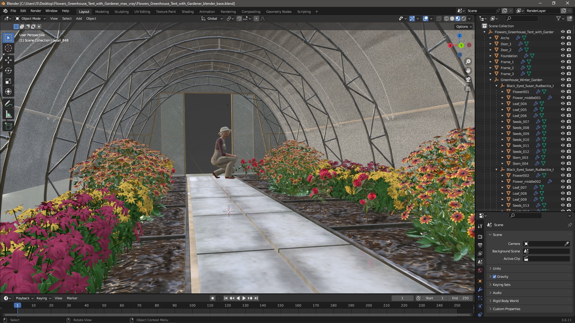 Flowers Greenhouse Tent with Gardener 3D