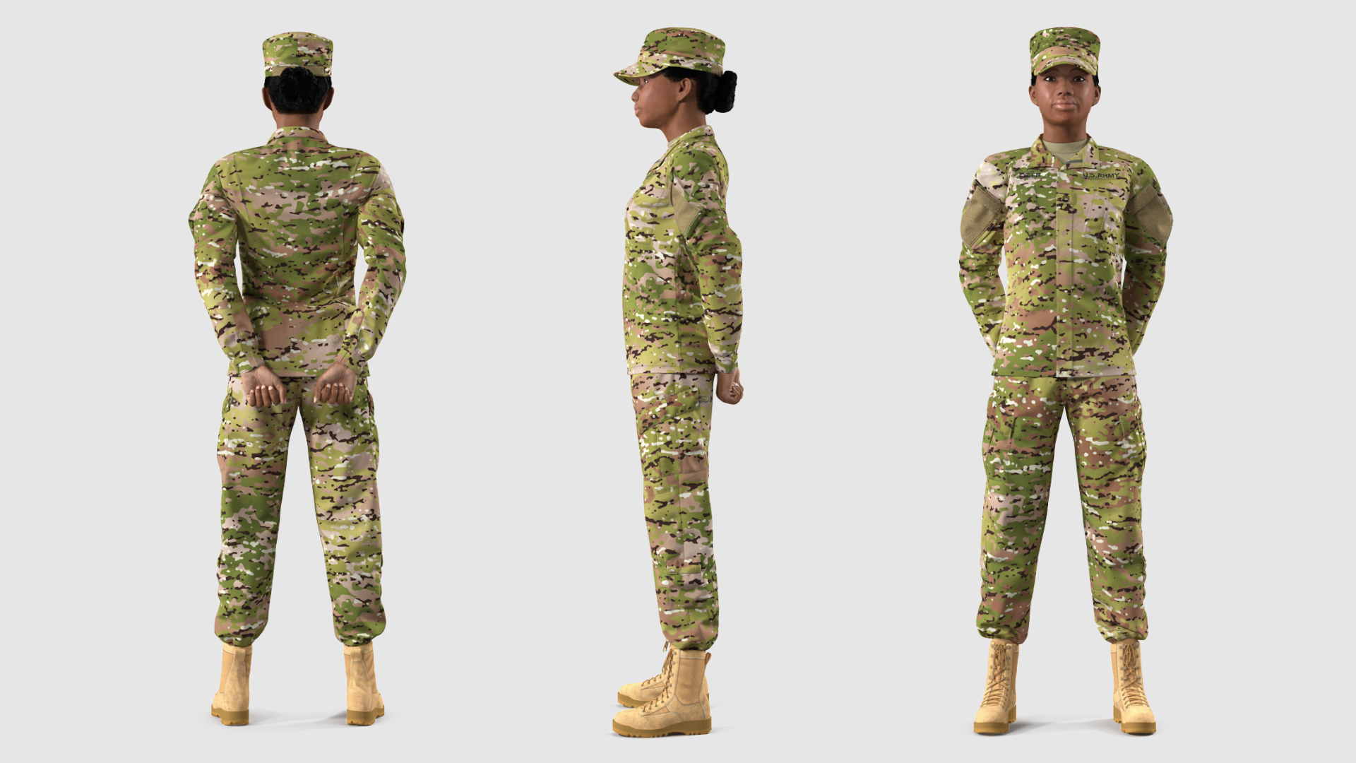 Black Female Soldier Green Standing Pose Fur 3D model