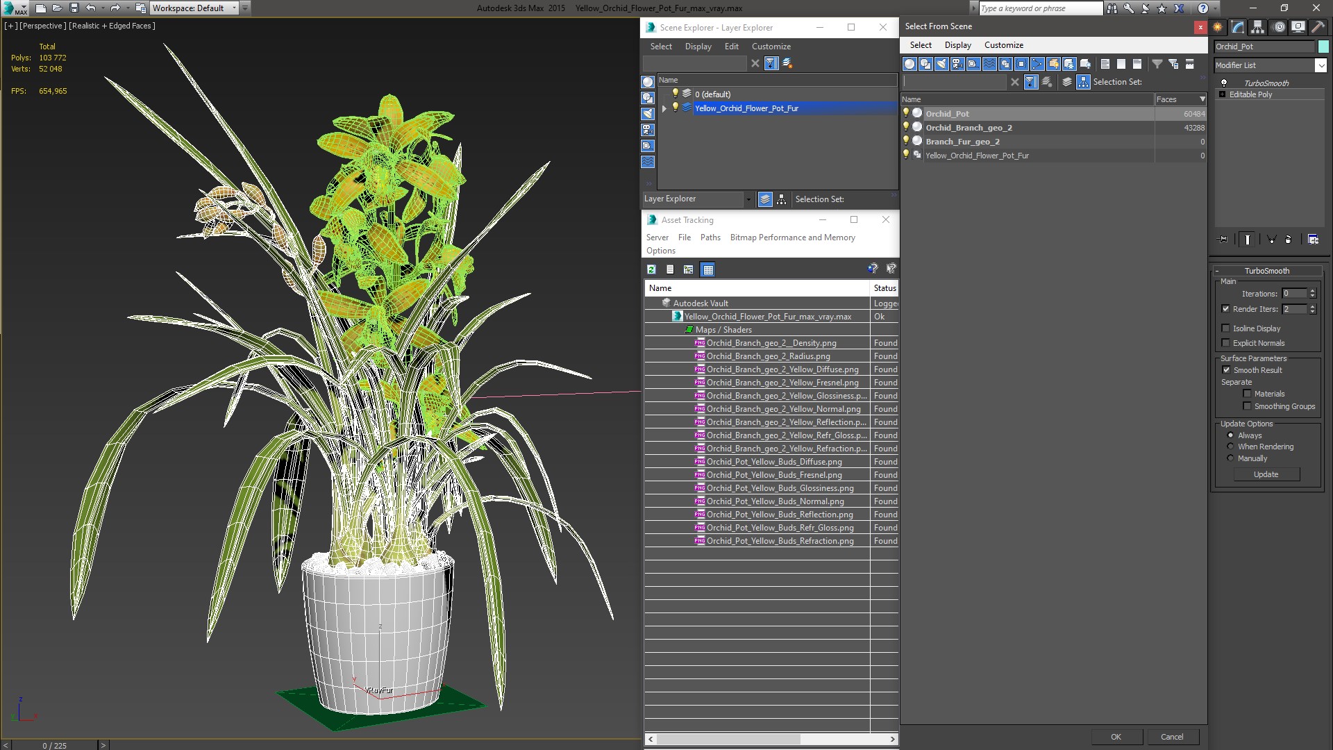 3D Yellow Orchid Flower Pot Fur model