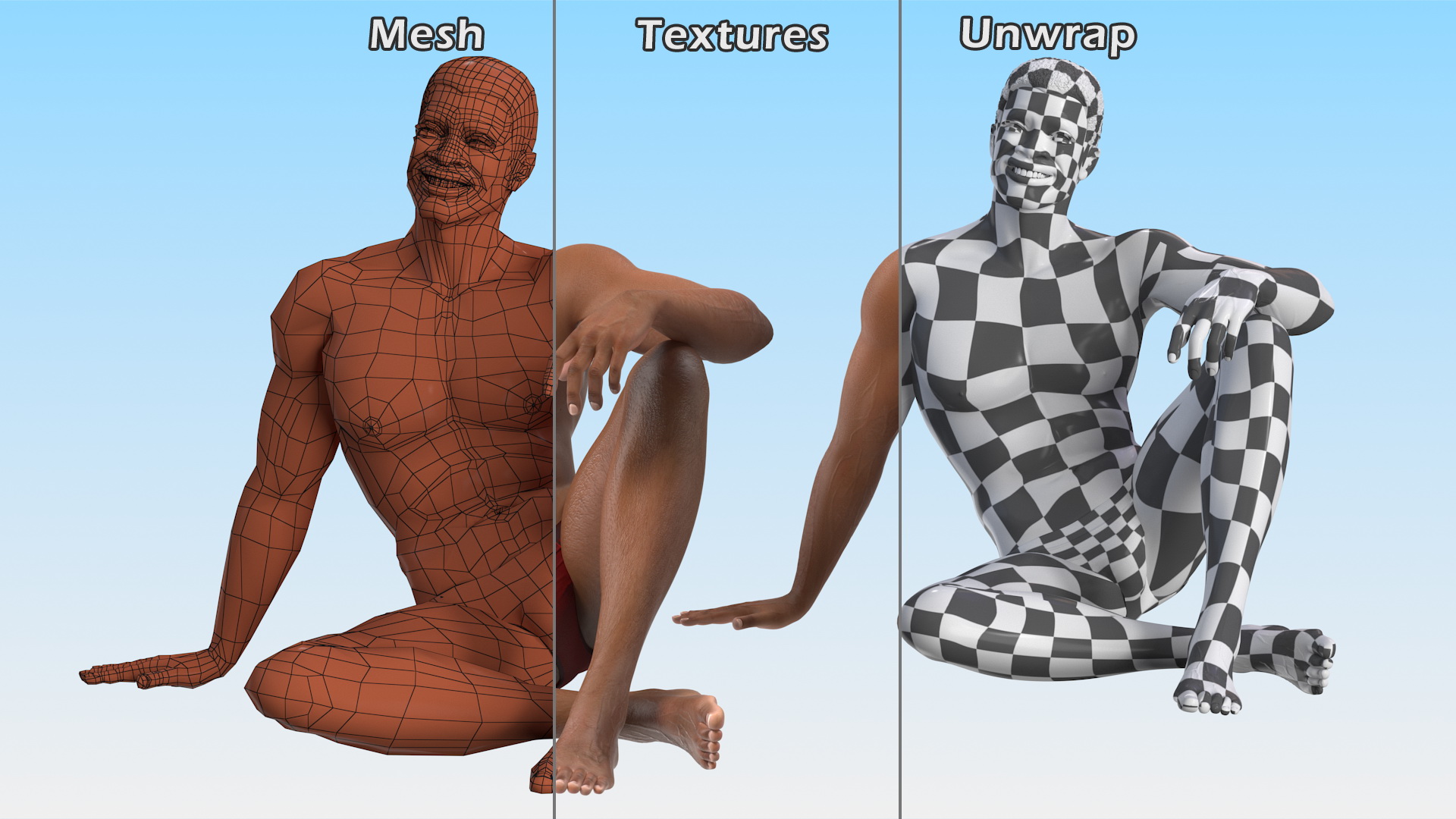 3D Light Skin Black Man Sitting Pose model