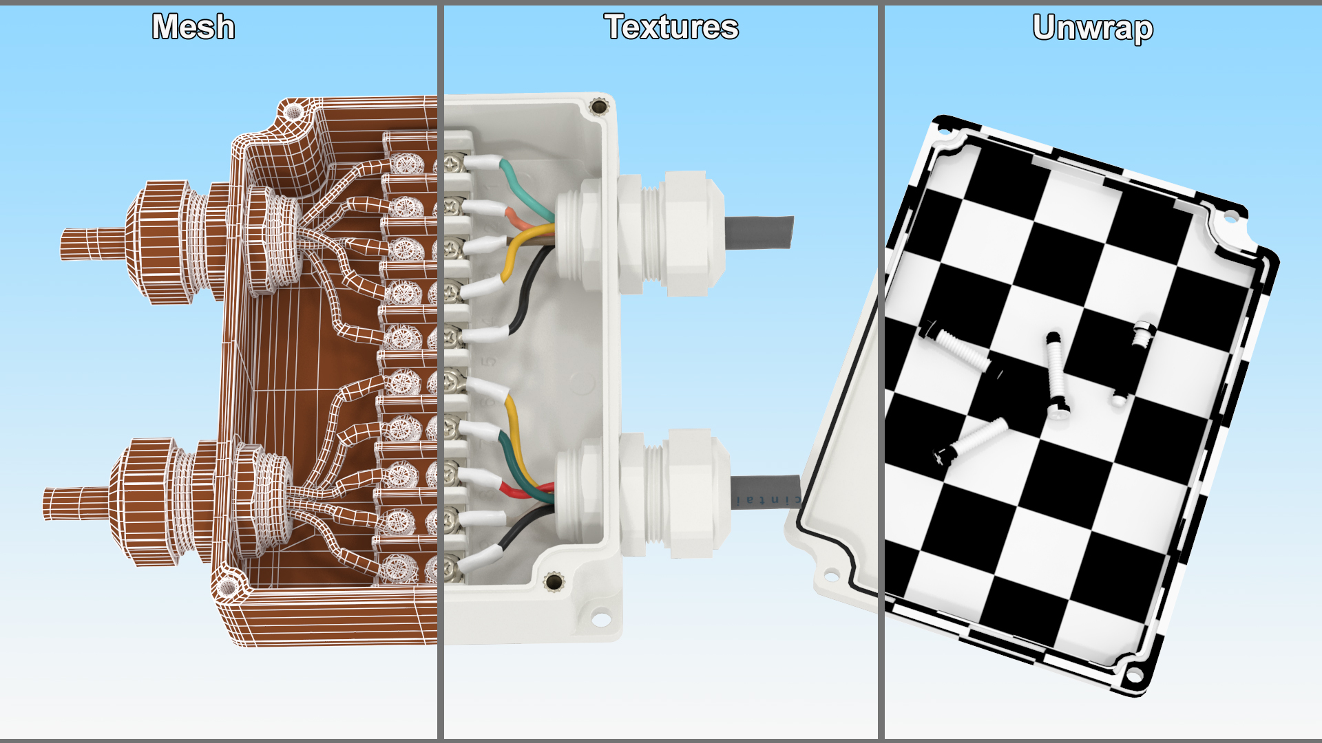 3D White Junction Box with 4 Wires