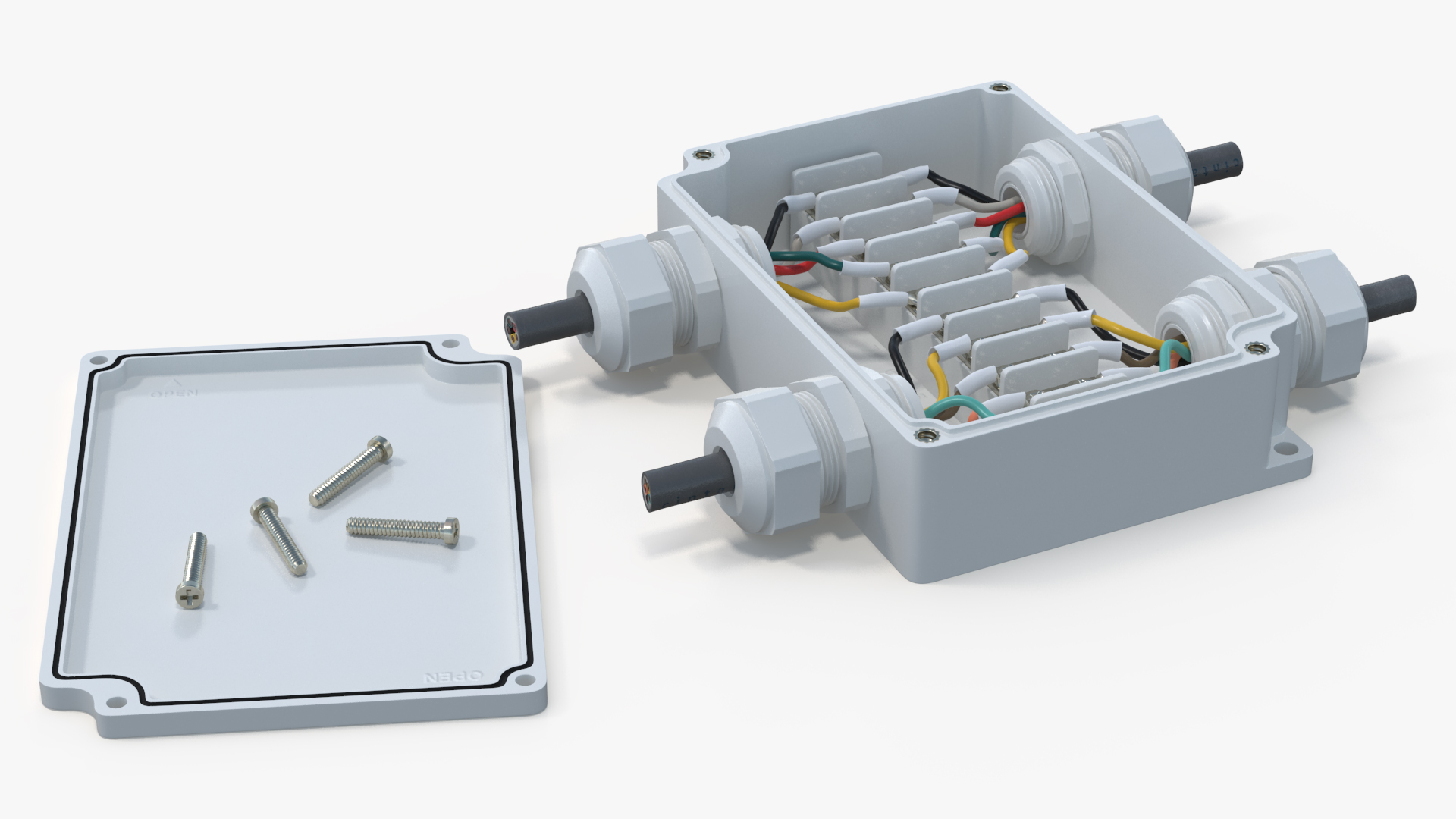 3D White Junction Box with 4 Wires