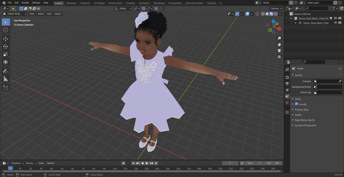 3D model Dance Style Black Child Girl T-Pose