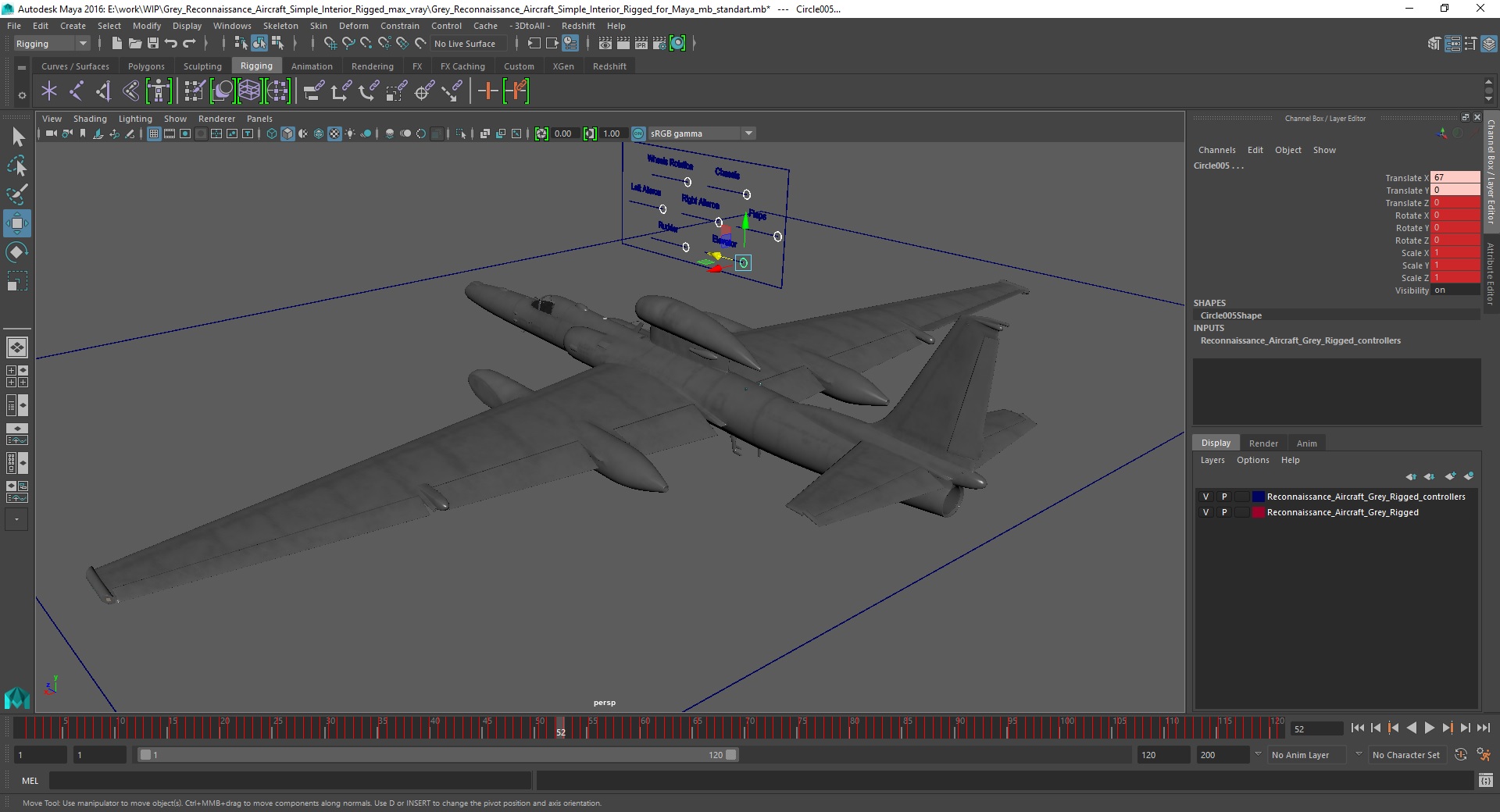 3D model Grey Reconnaissance Aircraft Simple Interior Rigged for Maya