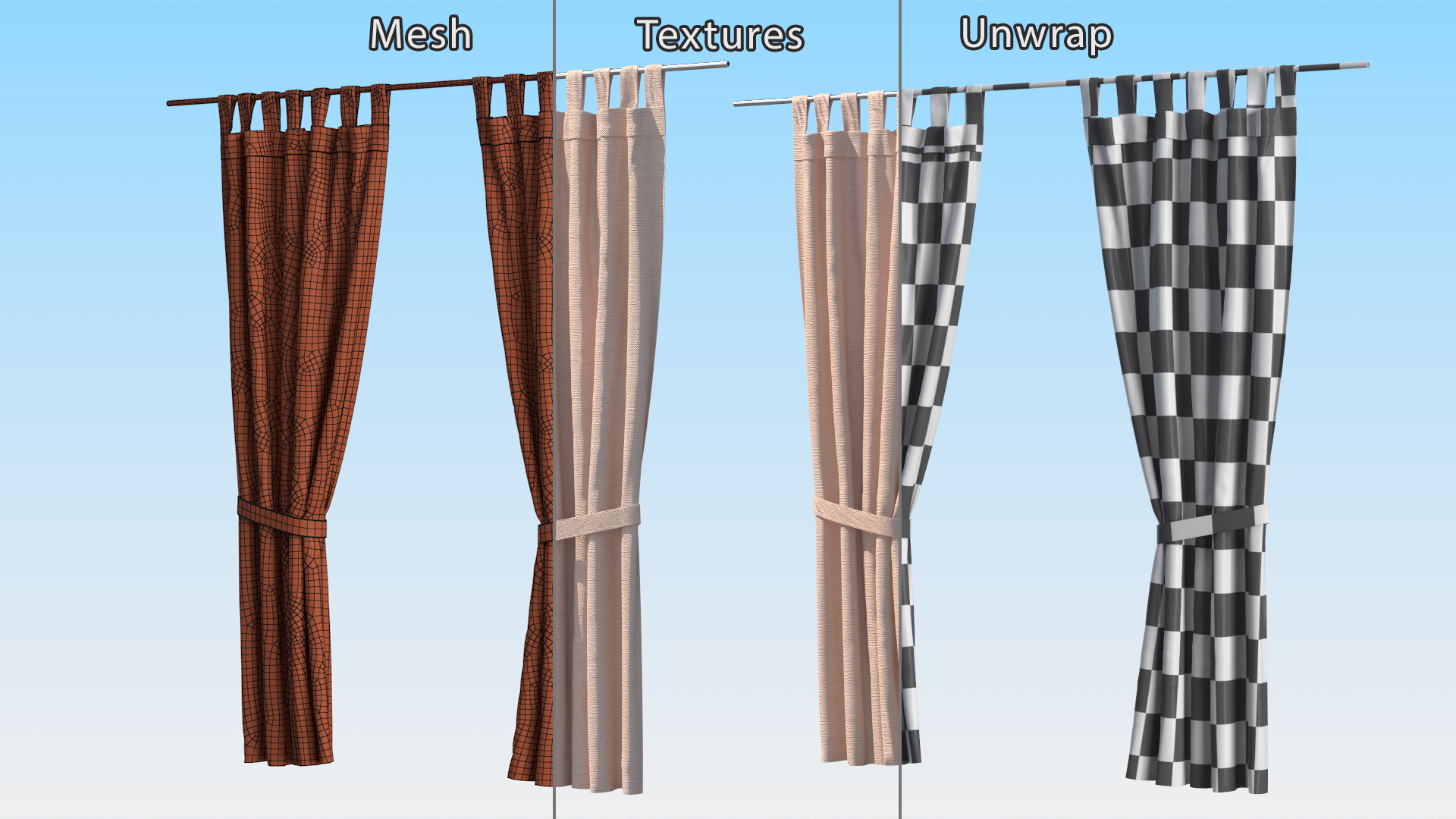 3D Classic Pleated Curtains with Tiebacks model