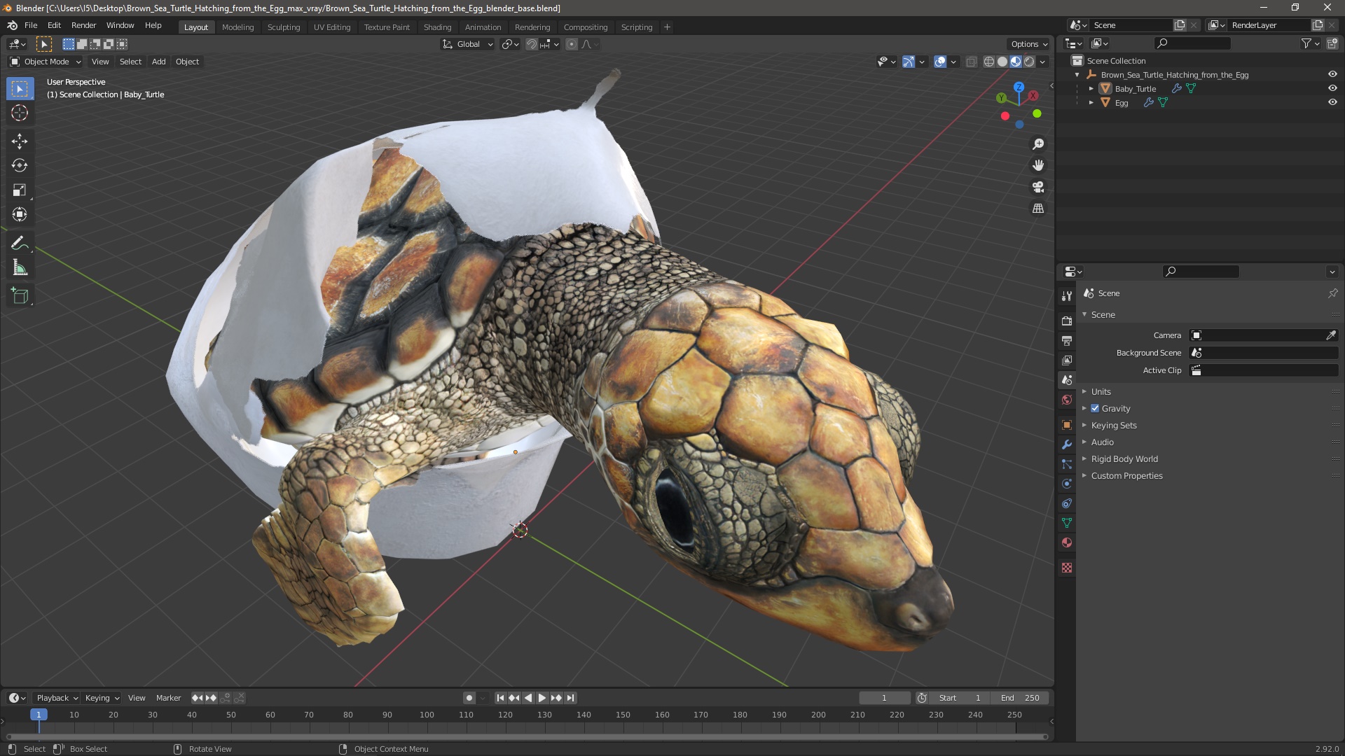 3D Brown Sea Turtle Hatching from the Egg model