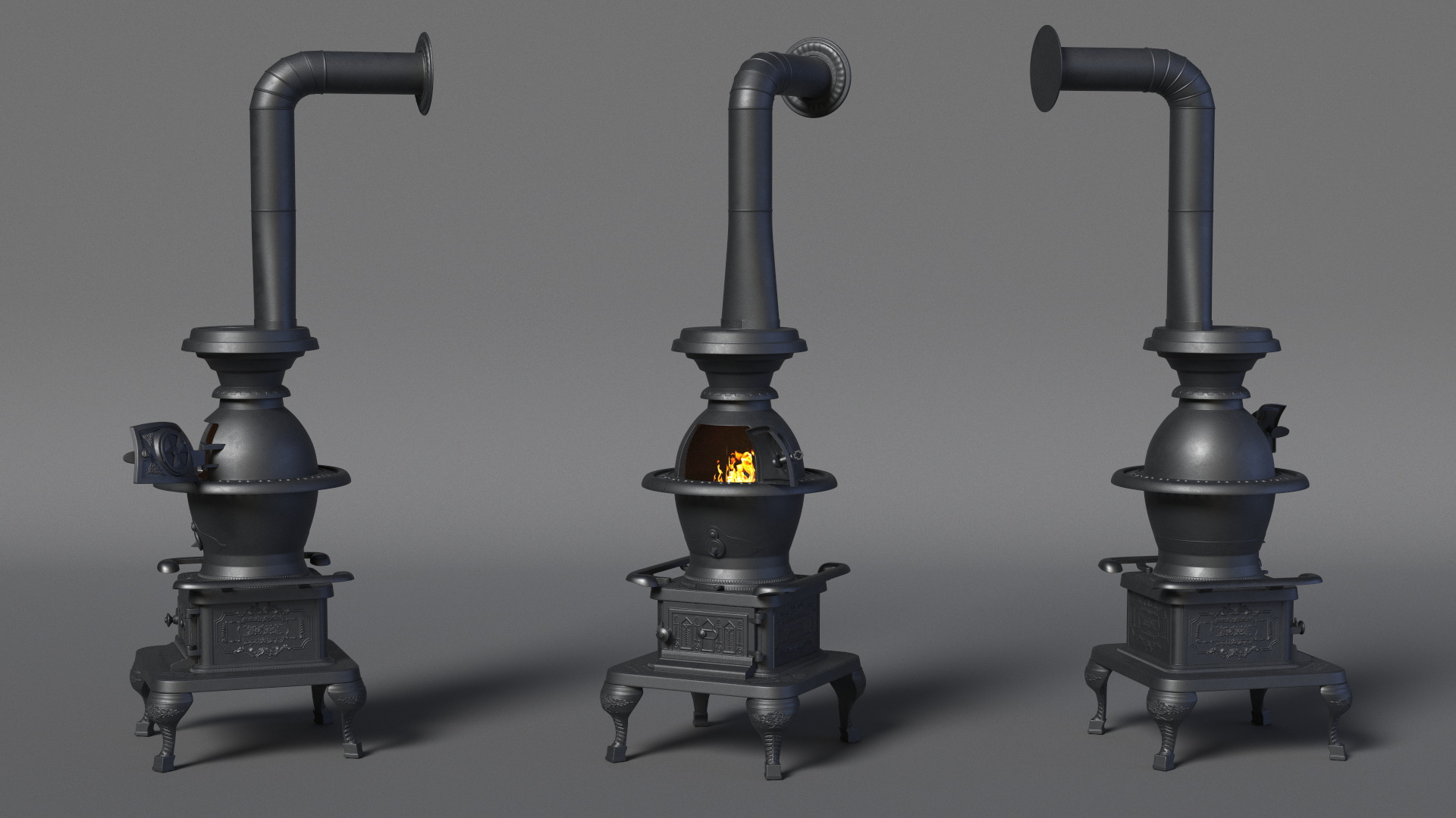 3D Potbelly Stove New with Fire model