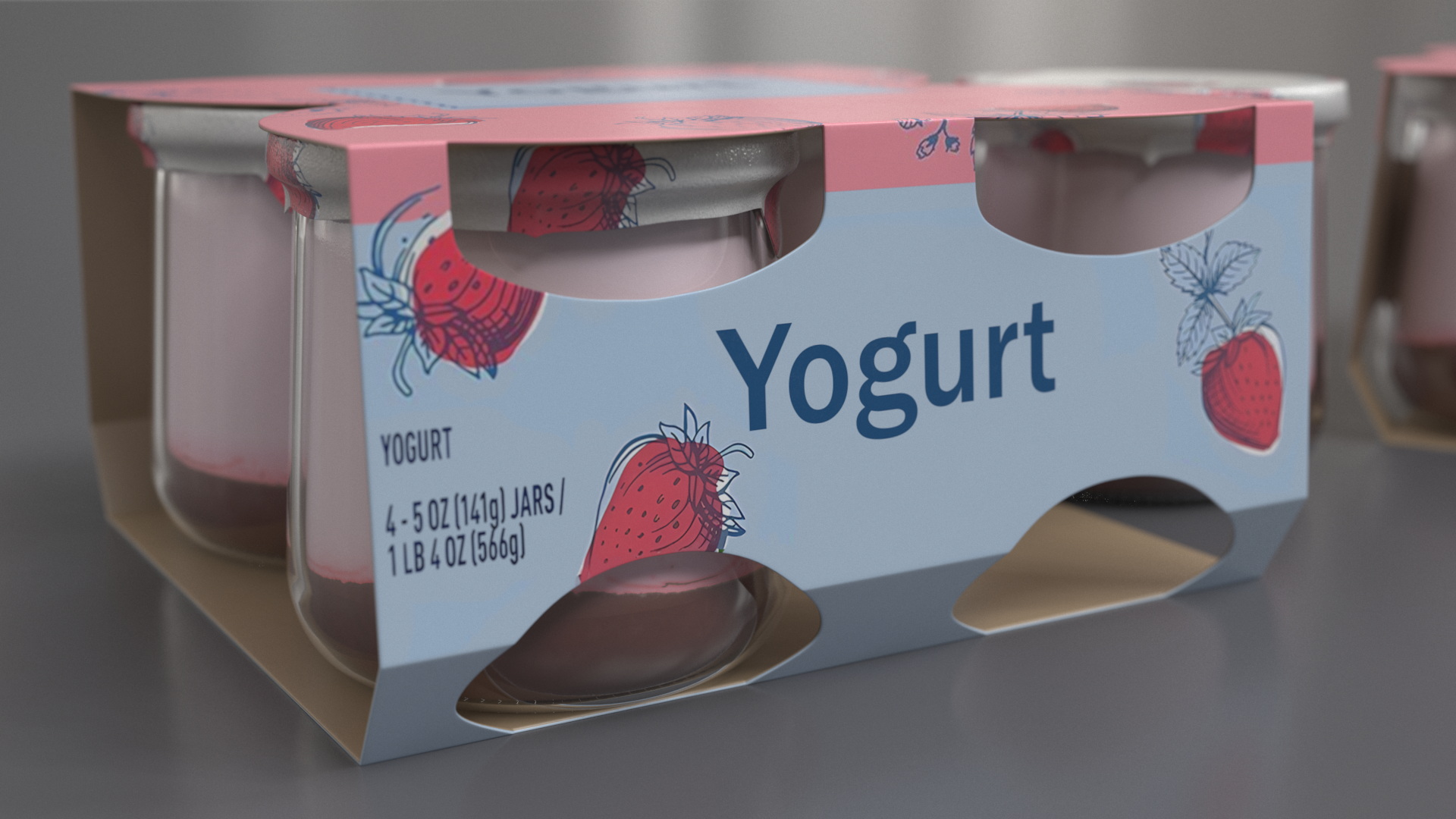 3D Strawberry Yogurt Pack with Four Glass Jars model