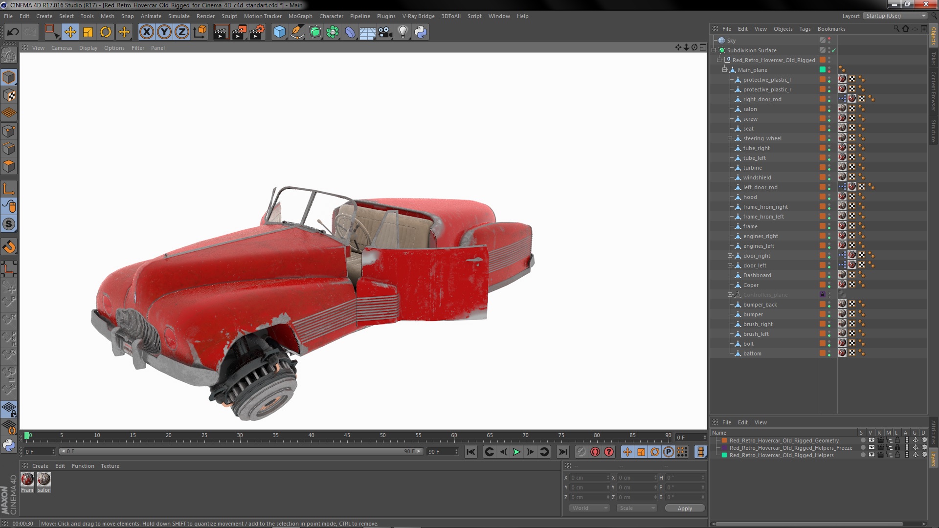 3D Red Retro Hovercar Old Rigged for Cinema 4D model