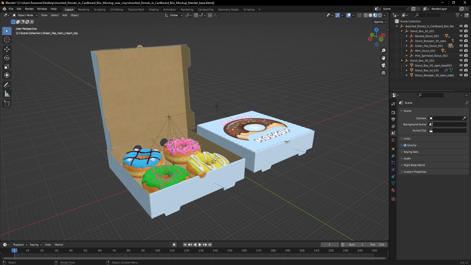 Assorted Donuts in Cardboard Box Mockup 3D model