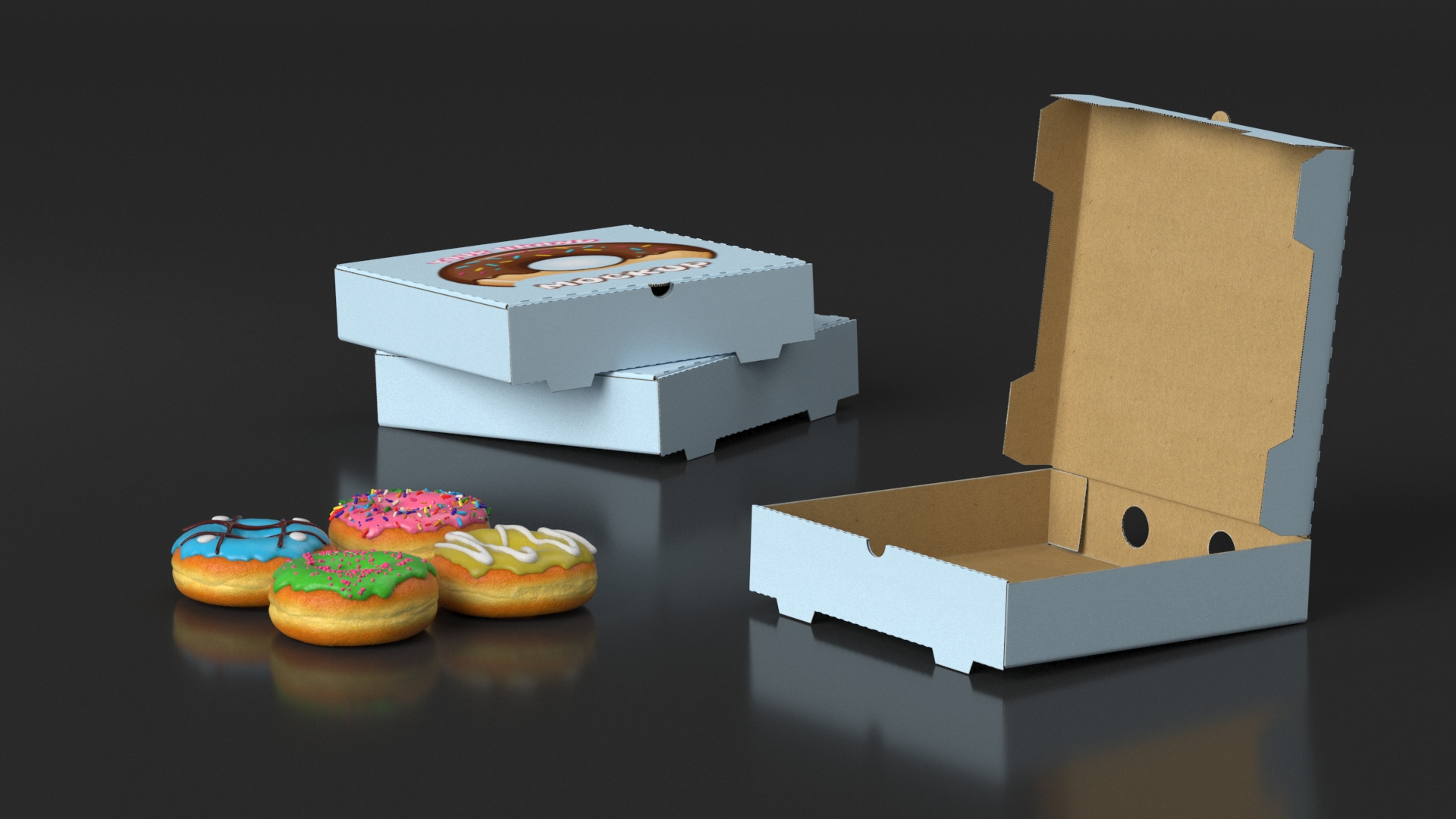 Assorted Donuts in Cardboard Box Mockup 3D model