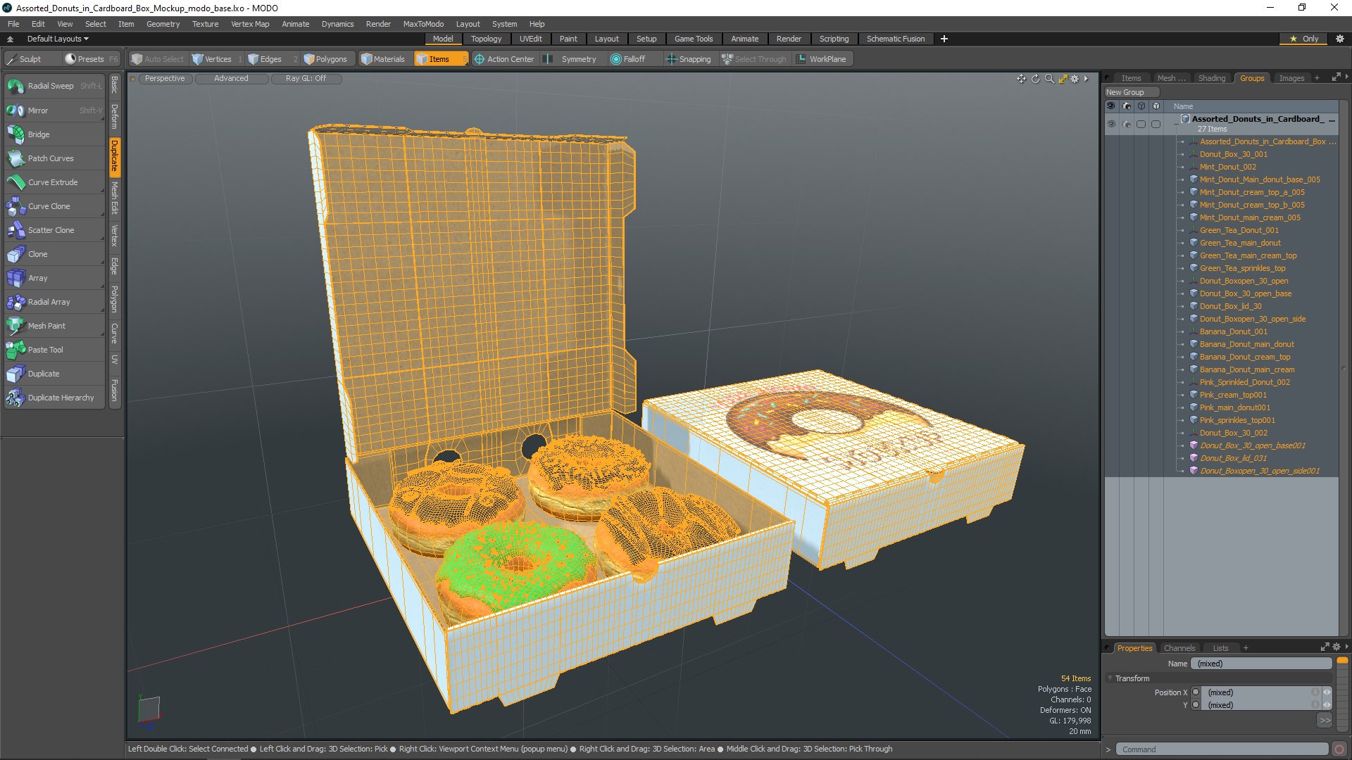 Assorted Donuts in Cardboard Box Mockup 3D model