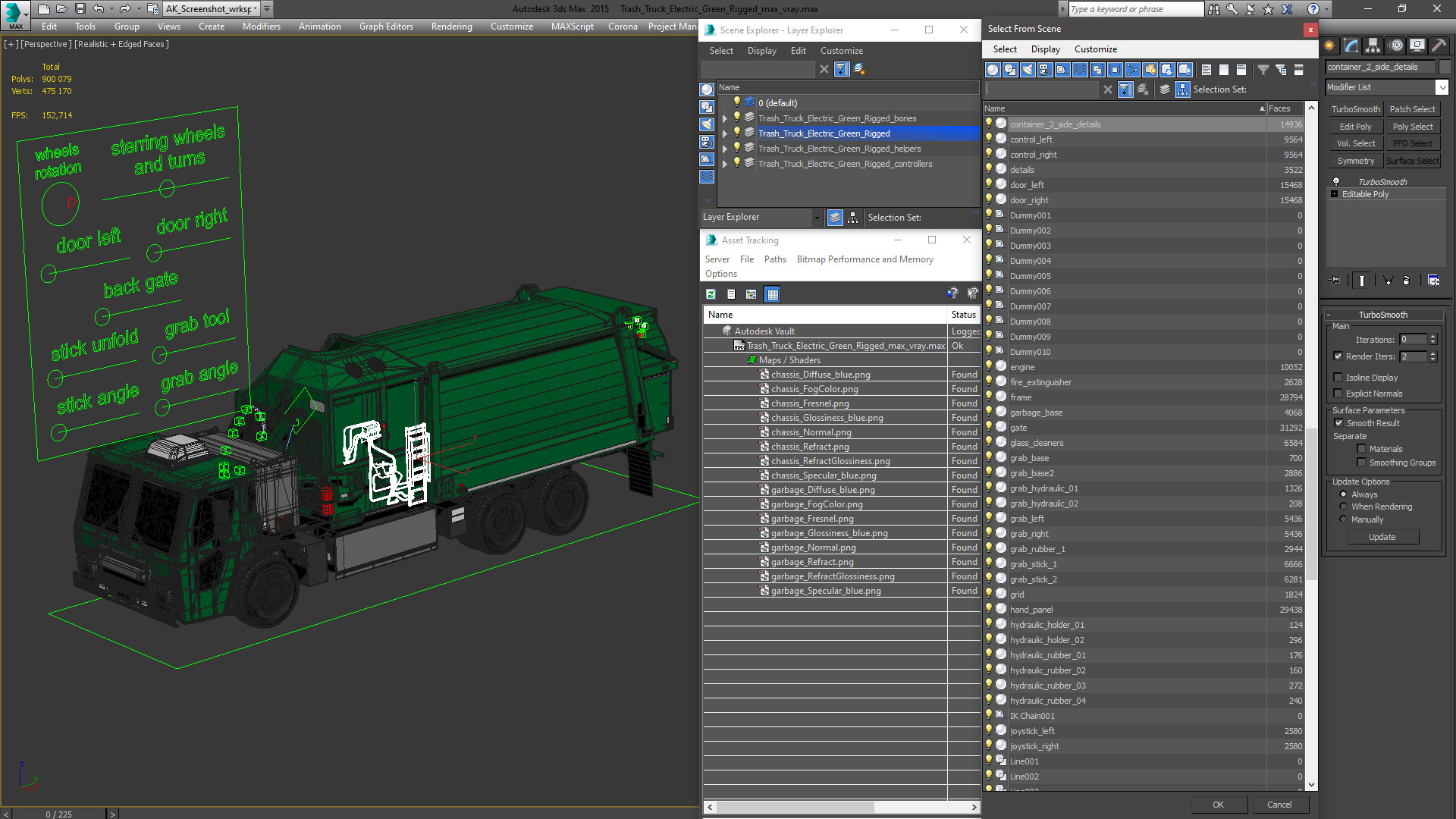 Trash Truck Electric Green Rigged for Cinema 4D 3D