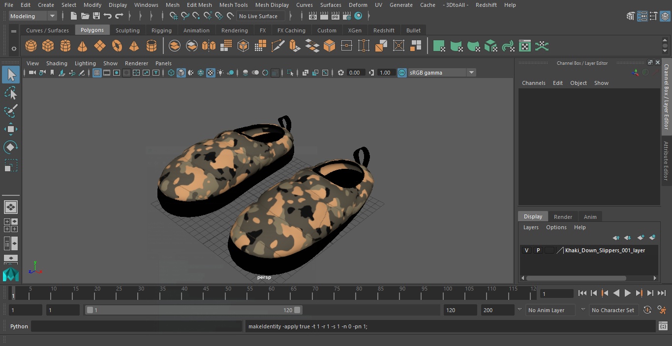 Khaki Down Slippers 3D model