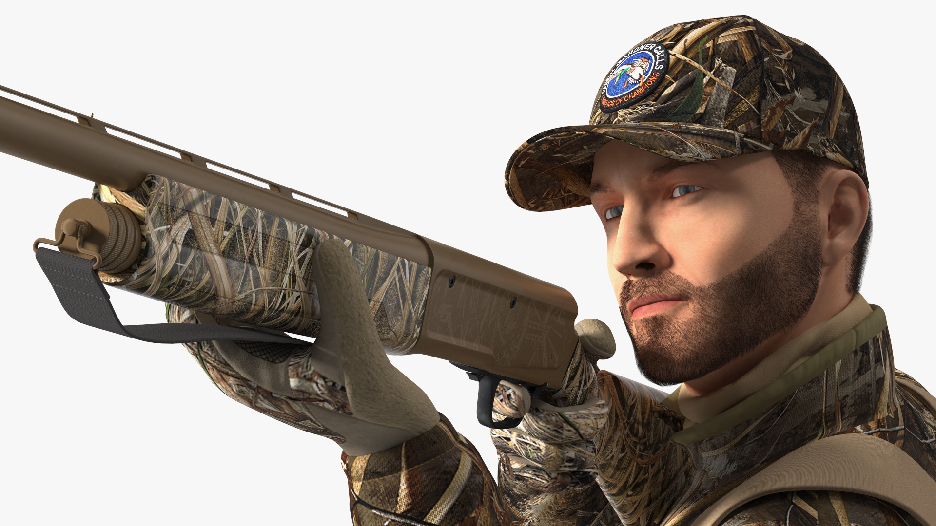 3D model Aiming Duck Hunter with Gun in Grass Camo Fur