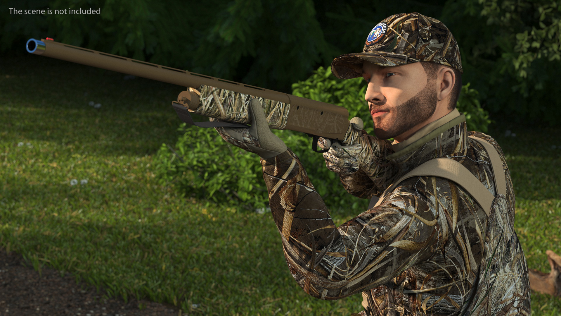 3D model Aiming Duck Hunter with Gun in Grass Camo Fur