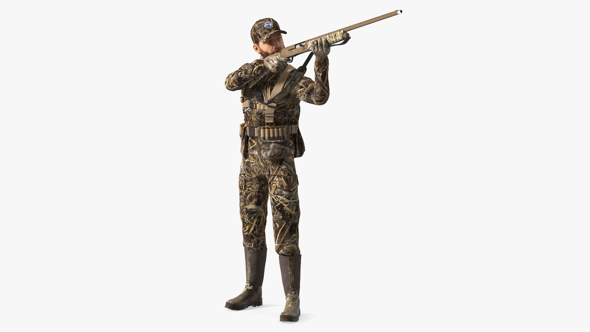 3D model Aiming Duck Hunter with Gun in Grass Camo Fur