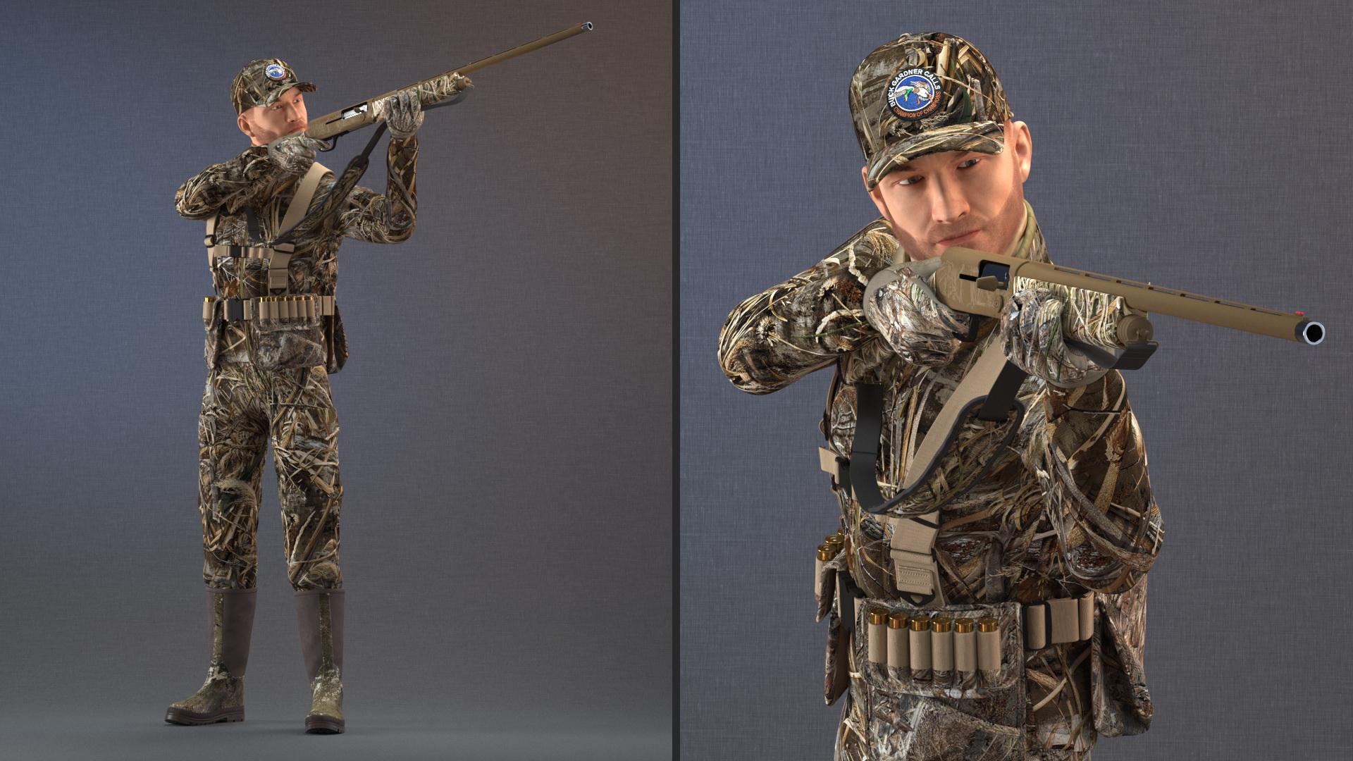 3D model Aiming Duck Hunter with Gun in Grass Camo Fur