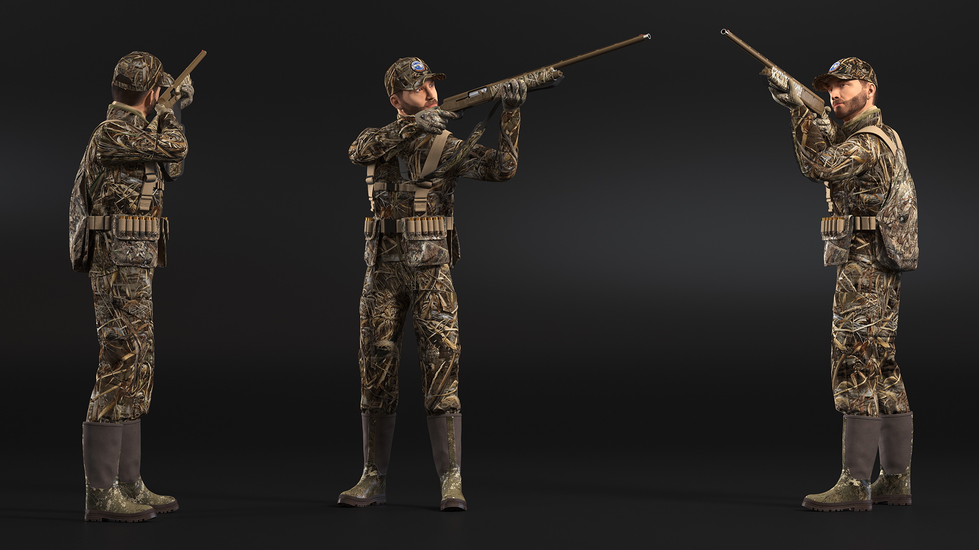 3D model Aiming Duck Hunter with Gun in Grass Camo Fur