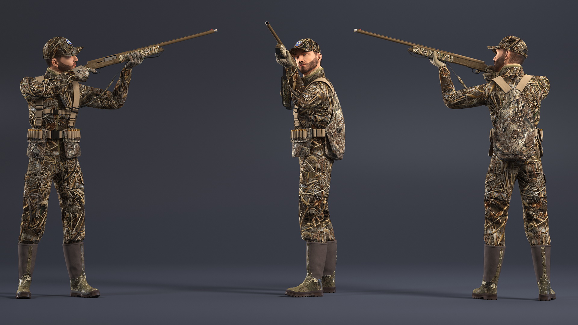 3D model Aiming Duck Hunter with Gun in Grass Camo Fur