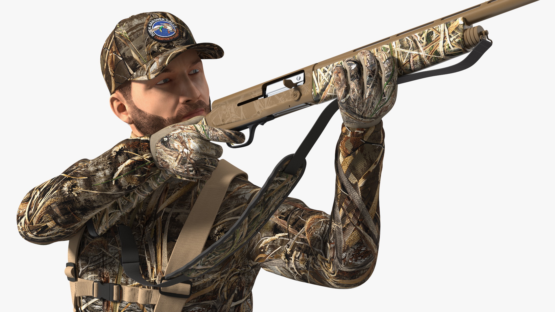 3D model Aiming Duck Hunter with Gun in Grass Camo Fur