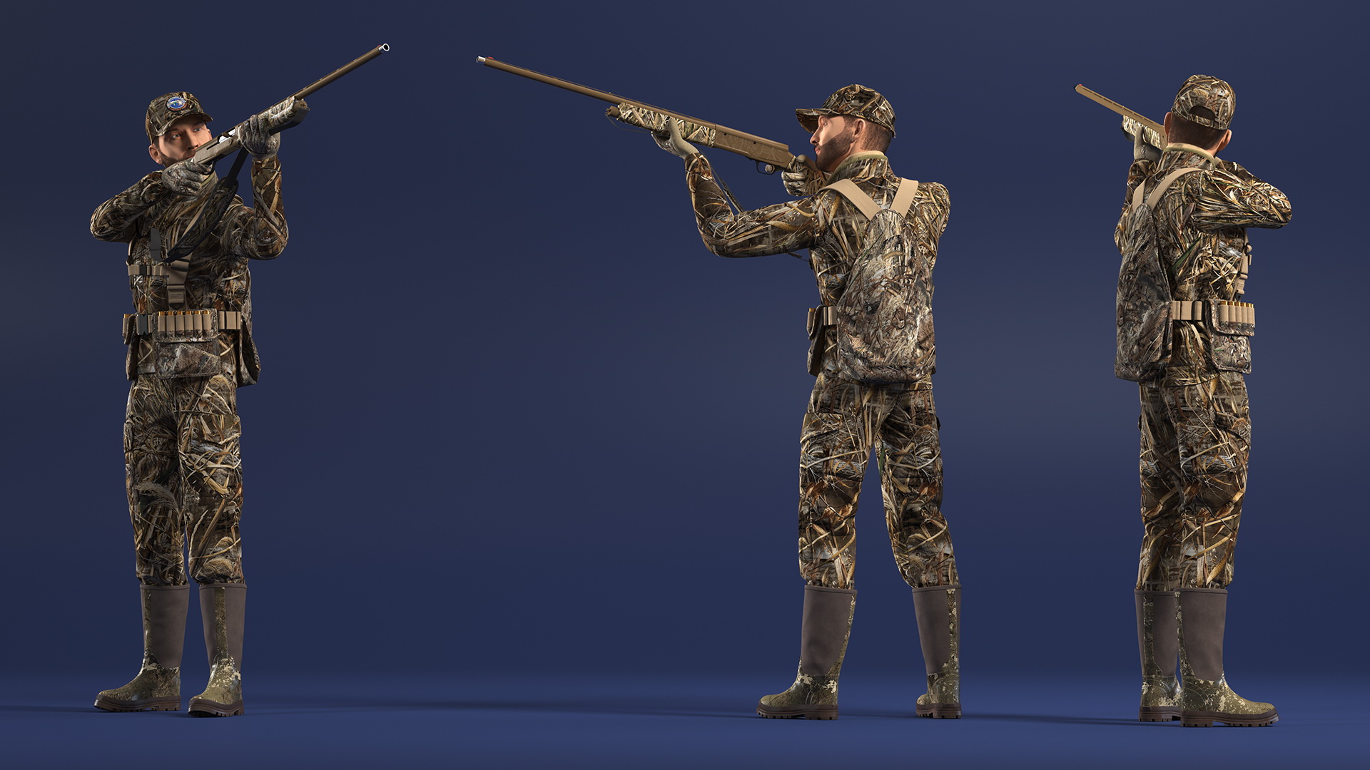 3D model Aiming Duck Hunter with Gun in Grass Camo Fur