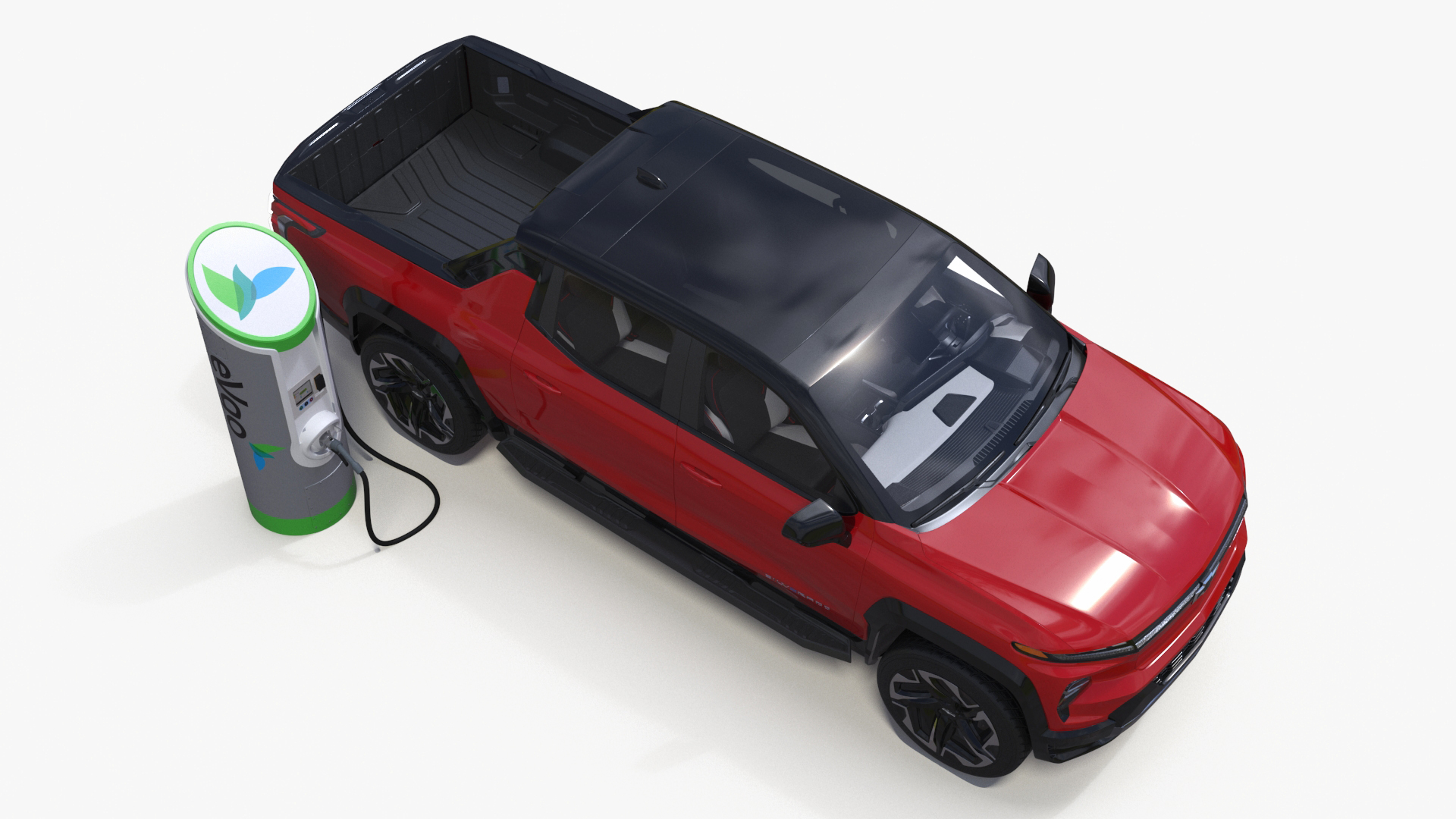 3D Red Chevrolet Silverado EV with eVgo Electric Car Charging Station