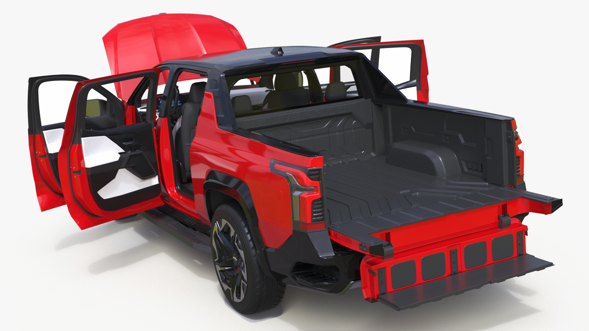 3D Red Chevrolet Silverado EV with eVgo Electric Car Charging Station