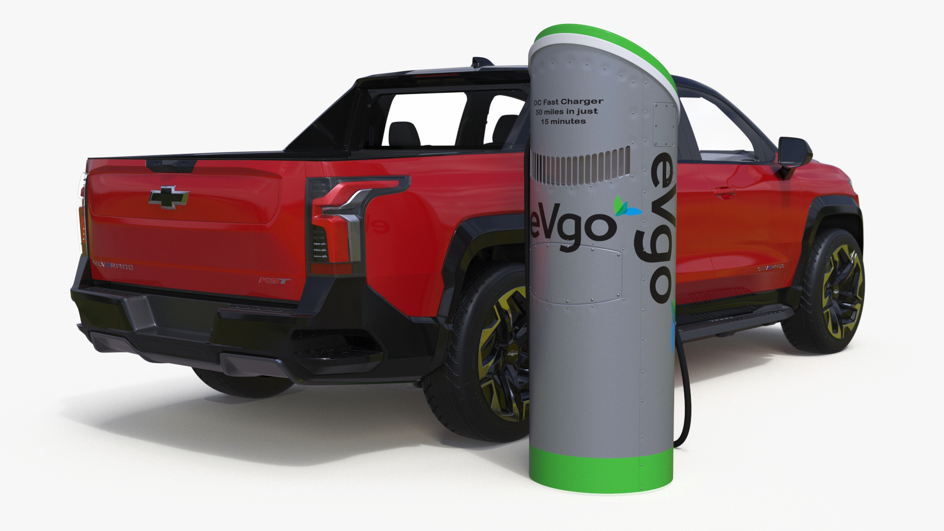 3D Red Chevrolet Silverado EV with eVgo Electric Car Charging Station