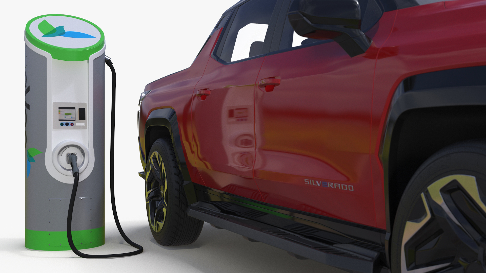 3D Red Chevrolet Silverado EV with eVgo Electric Car Charging Station