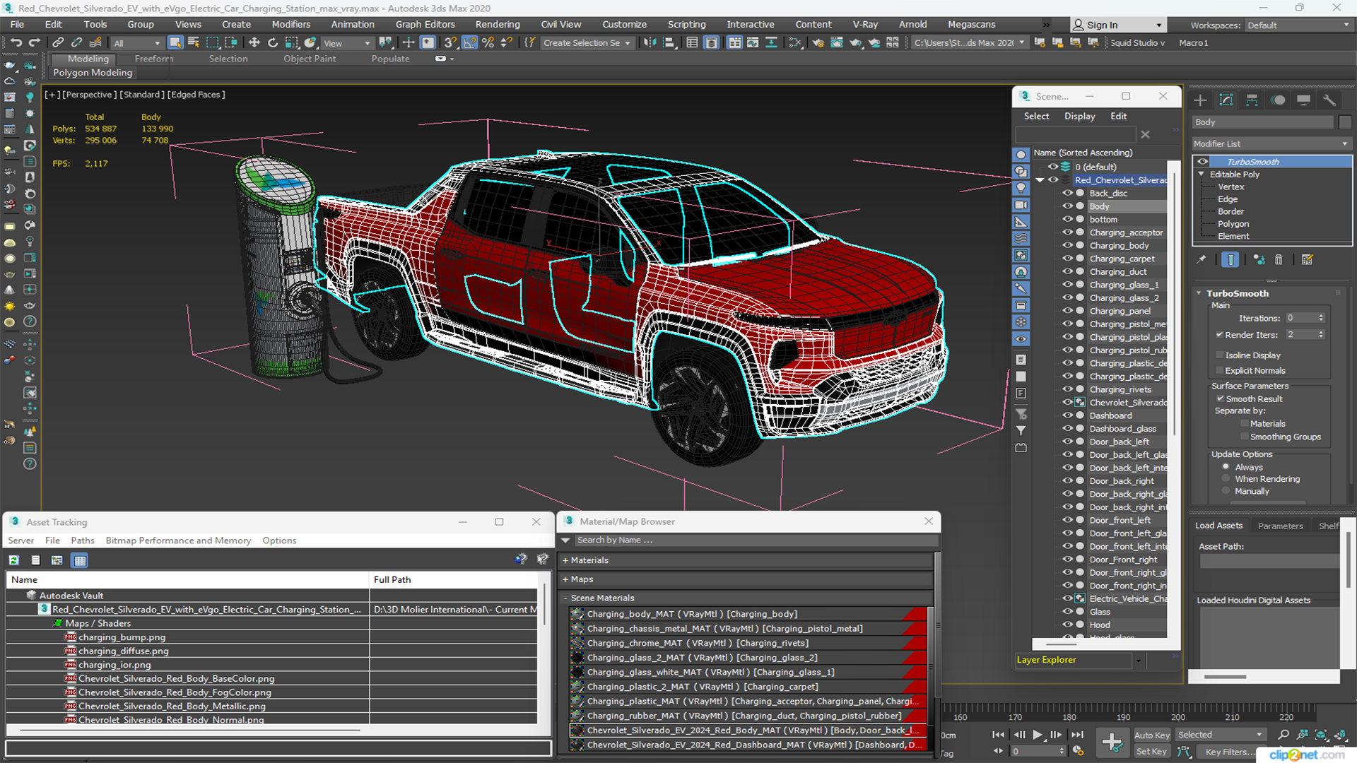 3D Red Chevrolet Silverado EV with eVgo Electric Car Charging Station