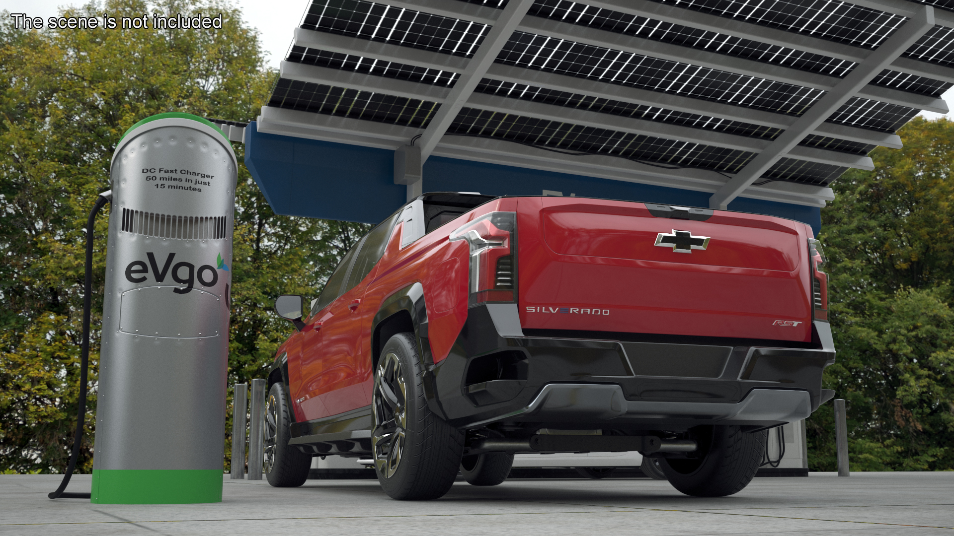 3D Red Chevrolet Silverado EV with eVgo Electric Car Charging Station