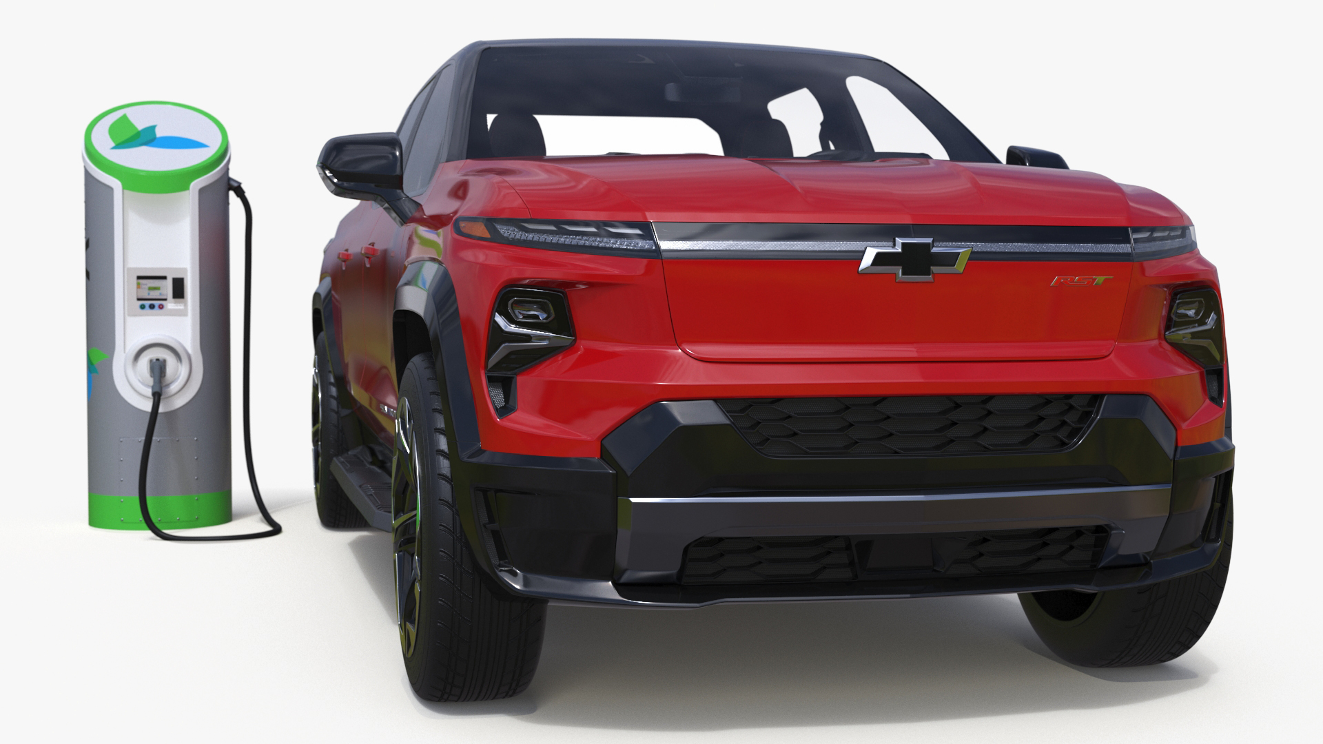 3D Red Chevrolet Silverado EV with eVgo Electric Car Charging Station